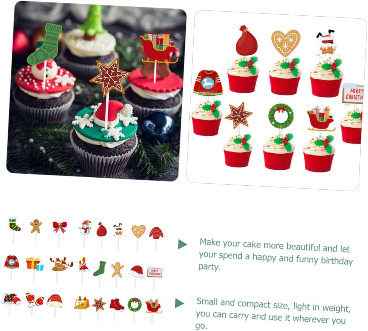CANIGHT 2 Pack Christmas Cake Decorations Birthday Cake Inserts 24Pcs Xmas Themed Cupcake Toppers Festive Cake Baking Accessories image number 5