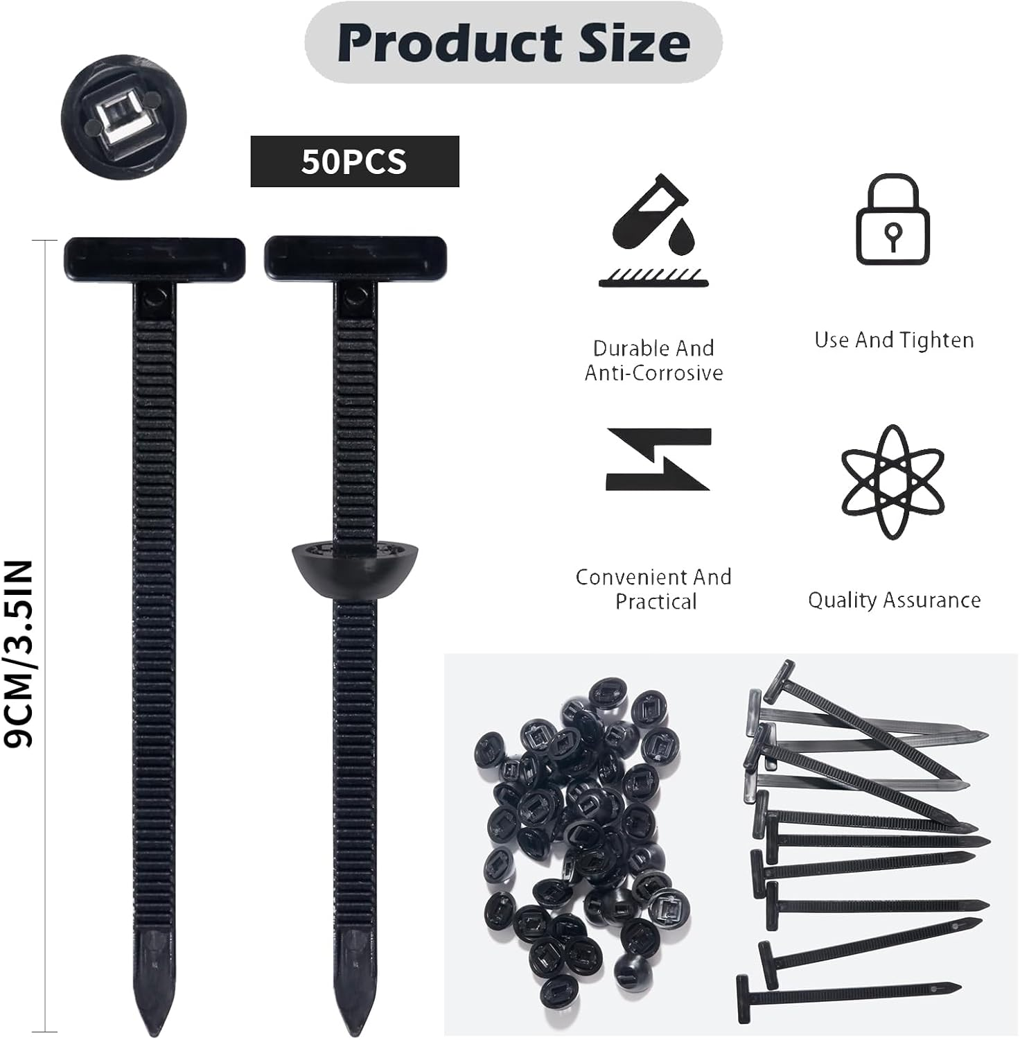 Zalizr 50 Pcs Heavy-Duty Nylon Universal Cable Tie Buckles with Pin & Button, Multipurpose Self-Locking Zip Tie Holders for Auto Repair, Cable Management, and Quick Fix Solutions