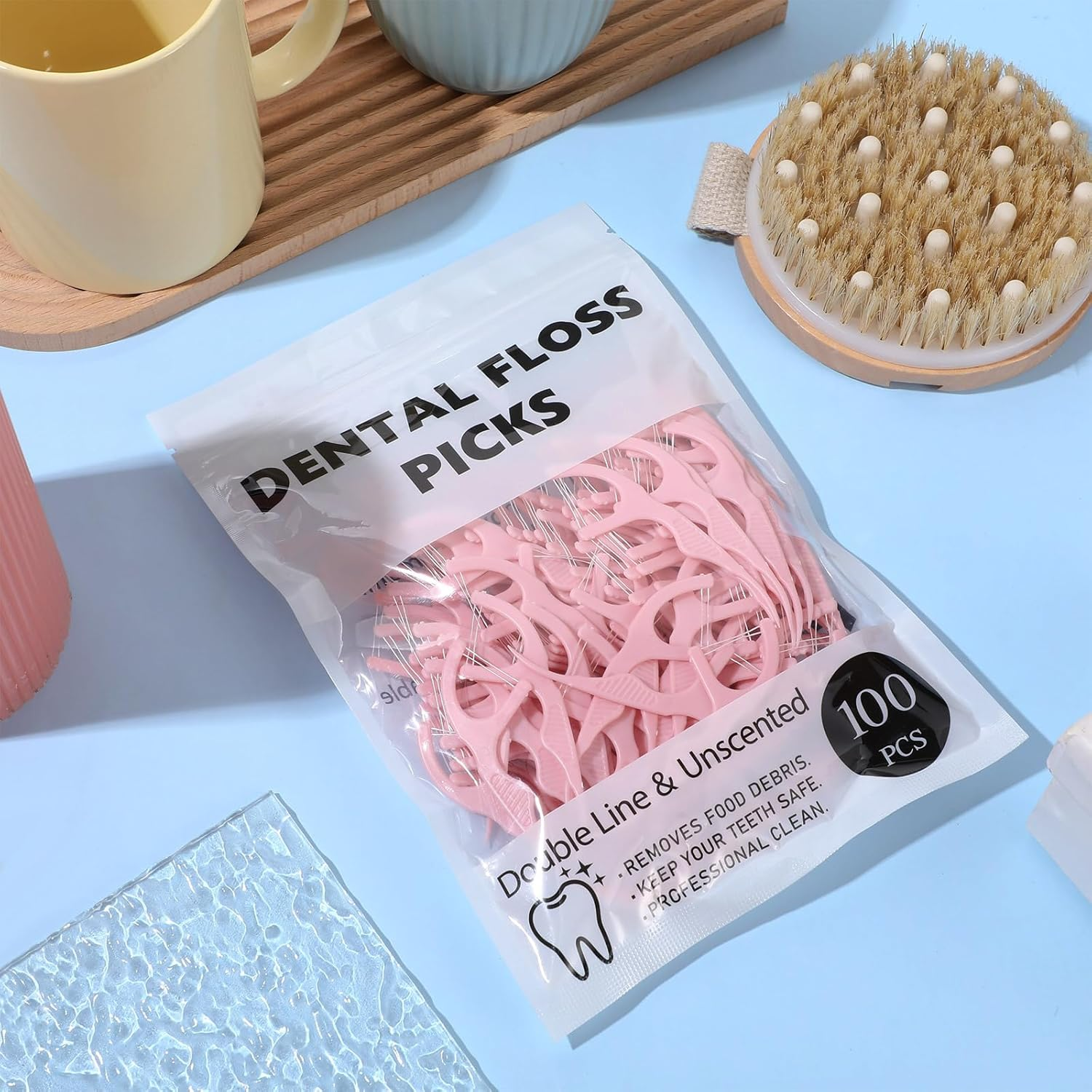 Baderke 100 Count Dual Line Floss Picks Dental Floss Sticks Bulk Non Breakable Toothpicks Double String Tooth Picks Flossers for Adults Teeth Cleaning Family Travel(Pink)