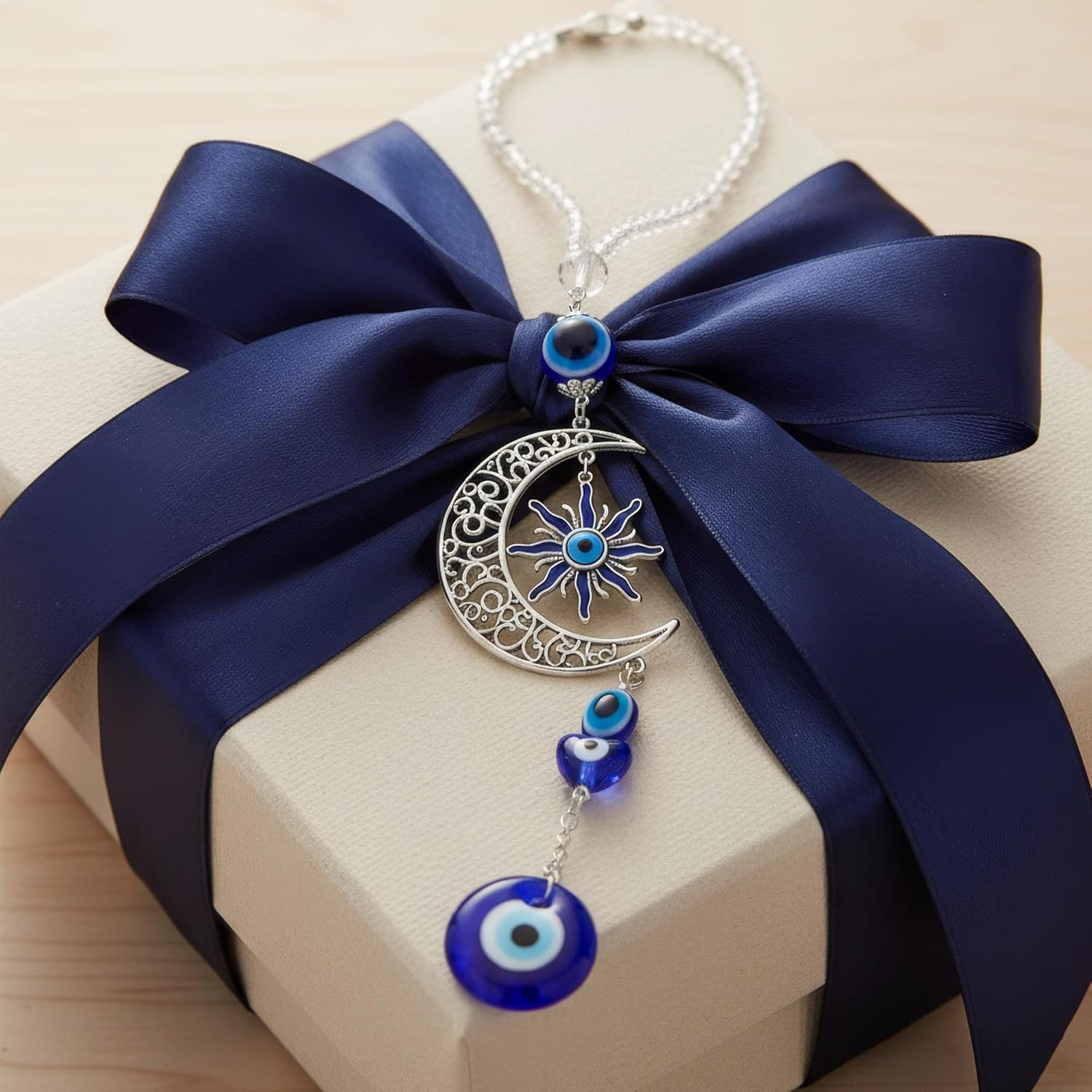 Blue Evil Eye Moon Crystal Hanging Ornament - Protection Amulet for Home, Car & Window Decor - Spiritual Gift