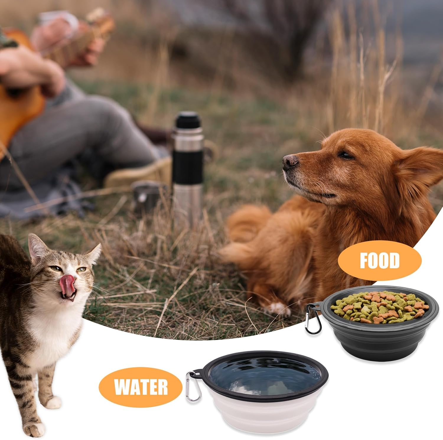 ZXCHOME Pack of 2 Dog Bowls, Foldable Travel Bowl, Leak-Proof Dog Bowl with Mountaineering Carabiner for Cats, Dogs and Pets for Water and Food (350 Ml, Black and White) image number 3