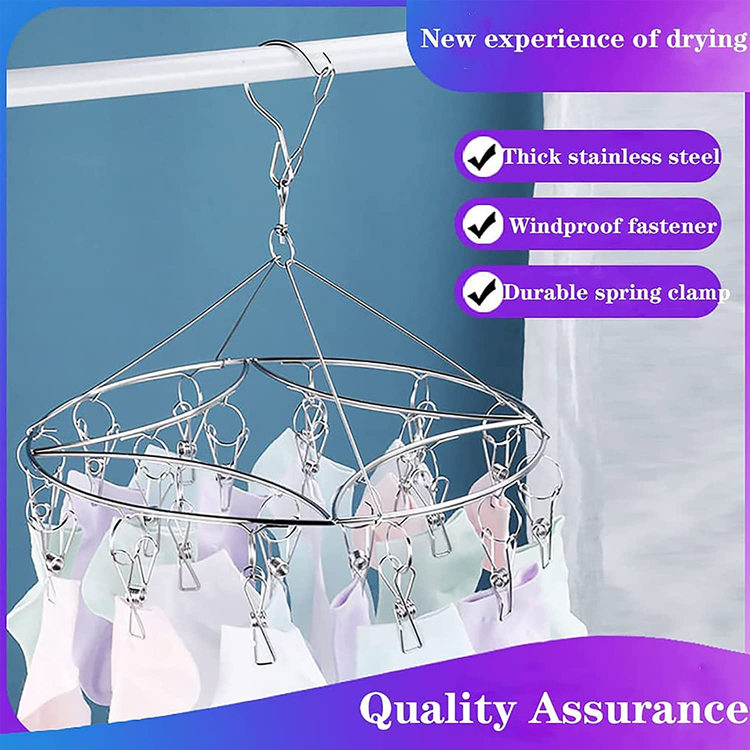 DAWNTREES Stainless Steel Clothes Drying Rack with 30 Clothespin Pegs,2 Pack,Sock Underwear Hanger,Socks Drying Hanger image number 6
