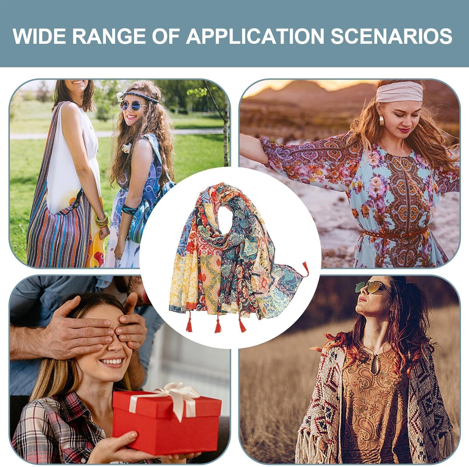 Boho Printed Scarf | Lightweight Boho Cotton Scarf Wrap Boho Scarf with Fringe | Winter Fashion Vintage Scarf for Beach Swimming Pool Travel Work, Multi-Coloured, Siehe Beschreibung image number 1