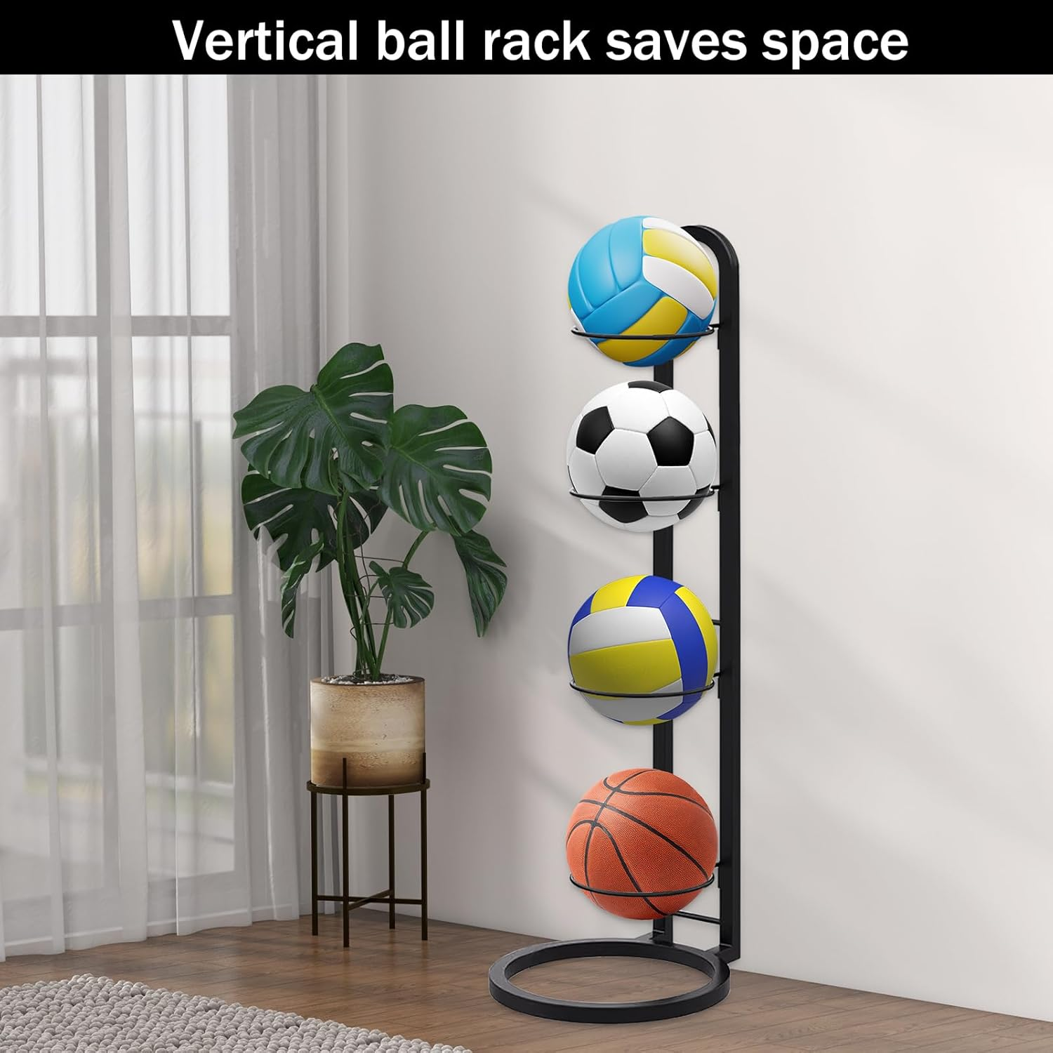 4-Tier Vertical Ball Storage Rack Ball Storage Rack Removable Vertical Display Sports Equipment Organizer Space-Saving Durable for Basketball Volleyball Football Rugby Badminton image number 5