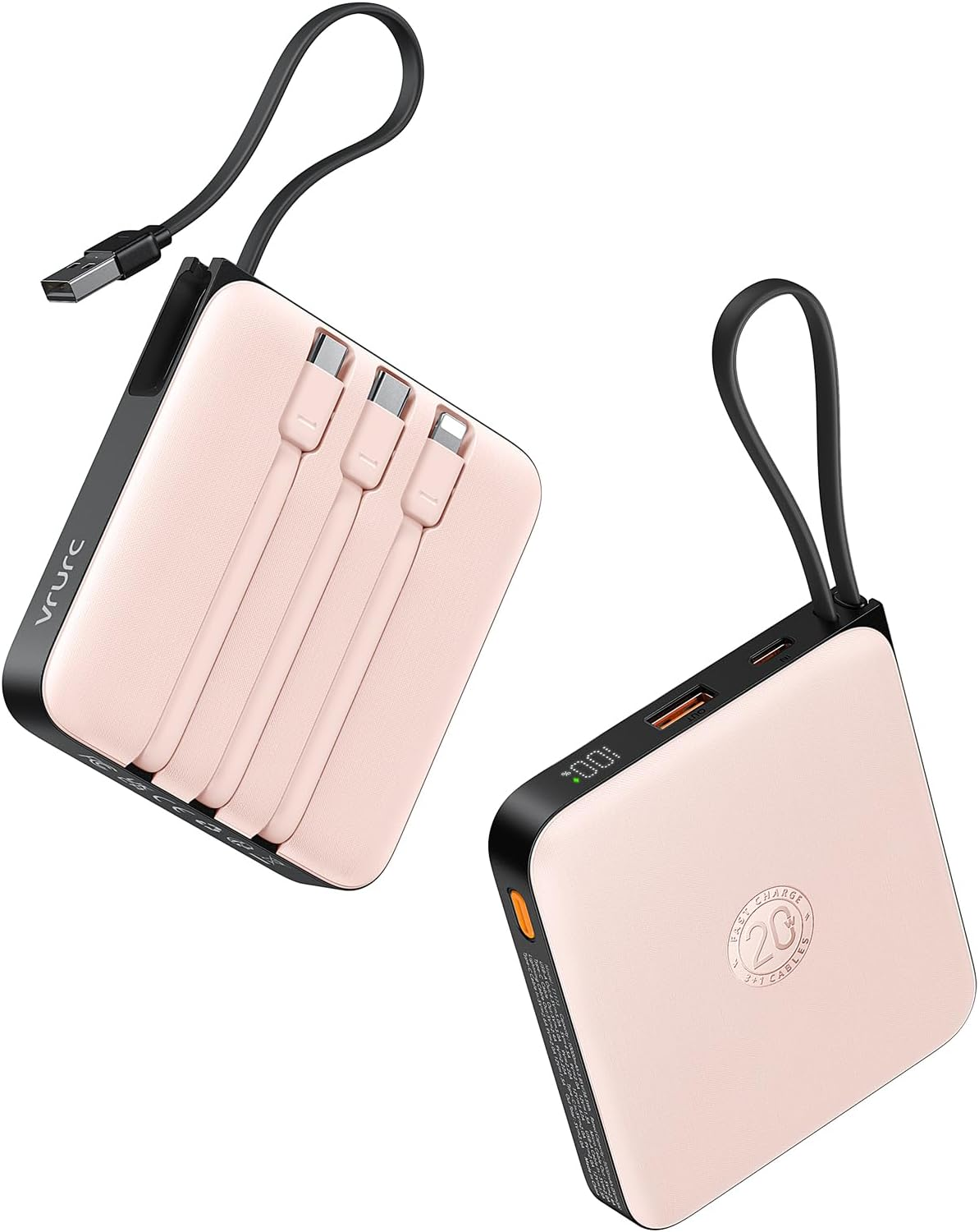 Power Bank 20000Mah with Built-In 4 Cables, VRURC Portable Charger for Iphone 22.5W Fast Charging USB C Battery Pack, Travel Essential for Iphone 16 15 14 Samsung Galaxy S23 Etc Phone,Black