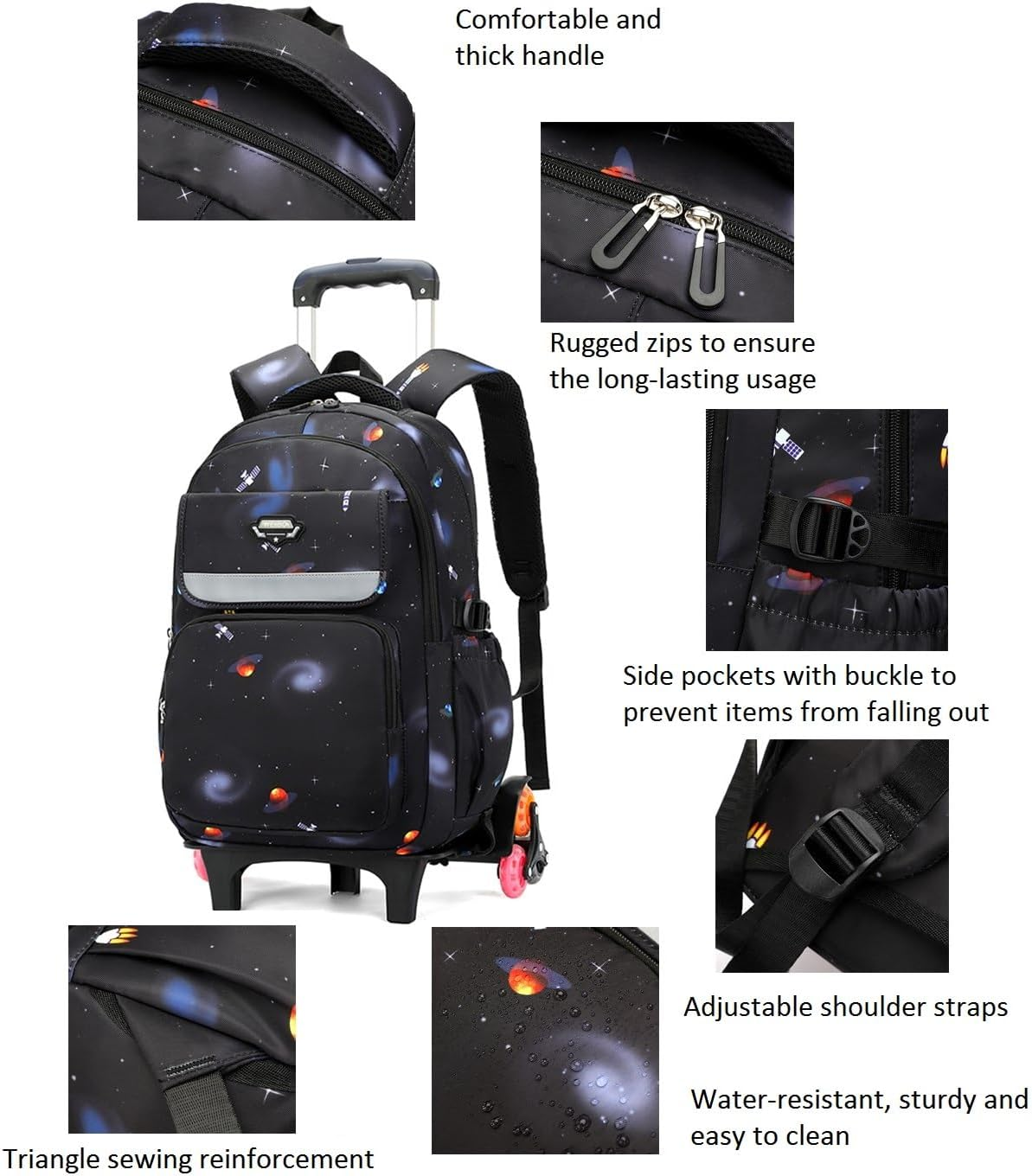 Galaxy Rolling Backpack for Boys Wheeled Backpack Kids Trolley School Bag - Style F-3Pcs Black Blue image number 6