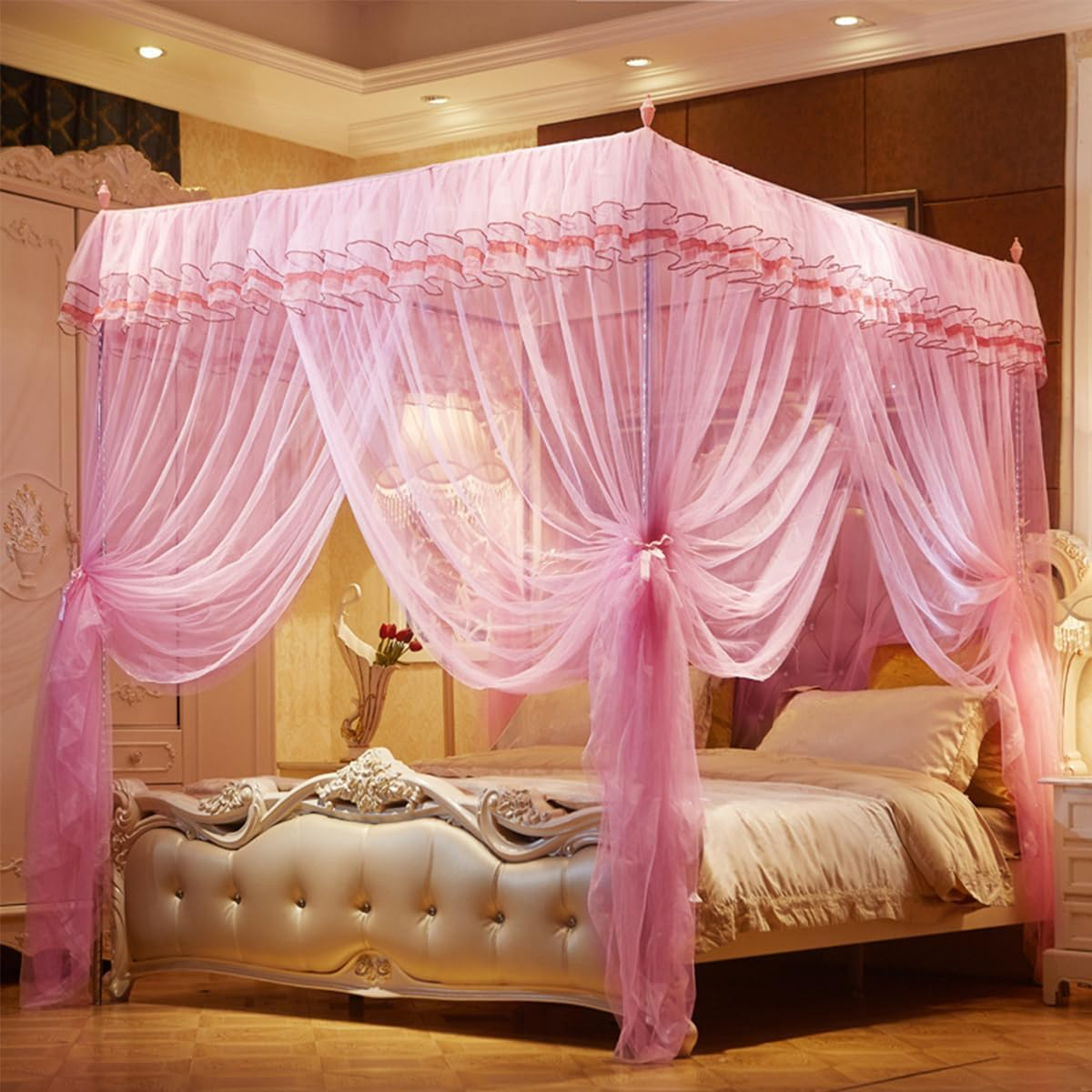4 Corners Post Ruffle Princess Bed Canopy, Romantic Bed Drape Netting for Twin/Full/Queen/King Beds Mosquito Net Mesh for Girls Kids Adults Bedroom Dormitory Bed Curtains Canopy Bedding Decor