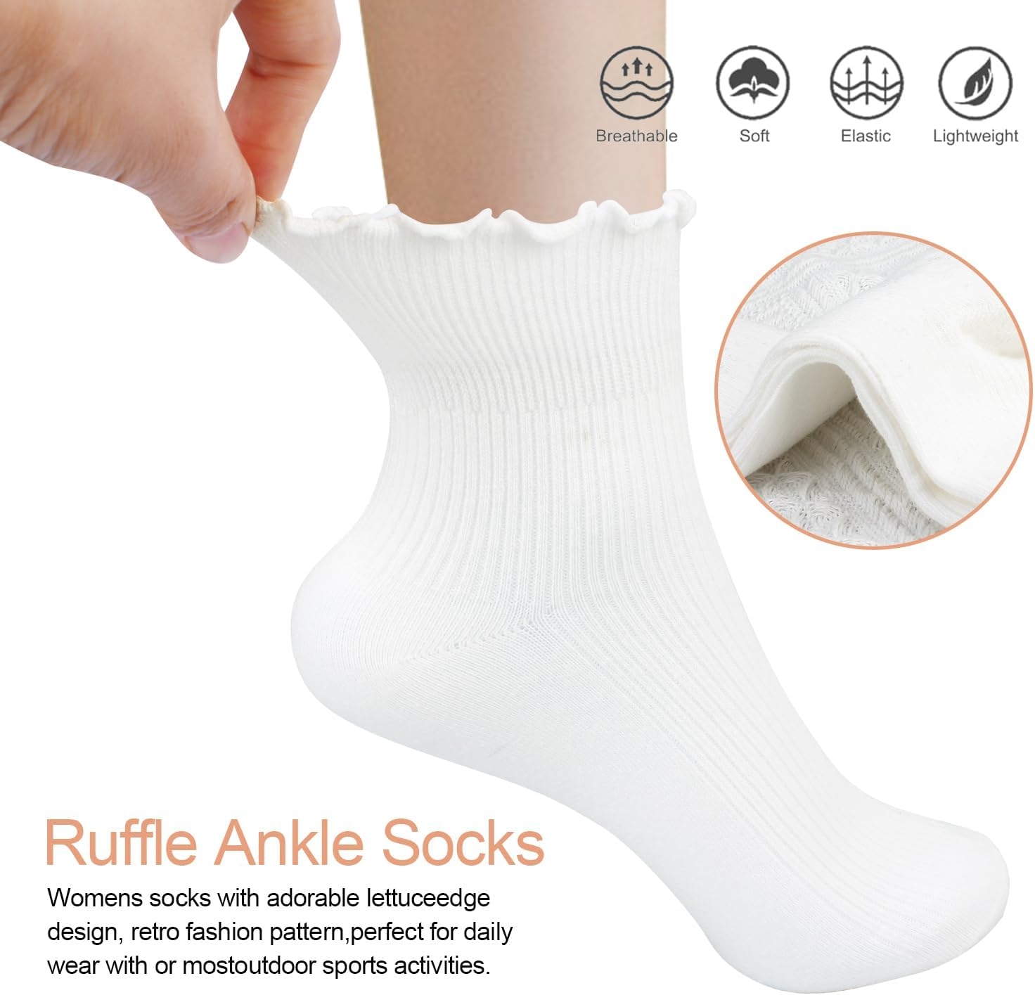 6 Pairs Womens Ruffle Socks,H HOME-MART Ruffle Turn-Cuff Casual Ankle Frilly Socks White Crew Socks Women Breathable Cool image number 6
