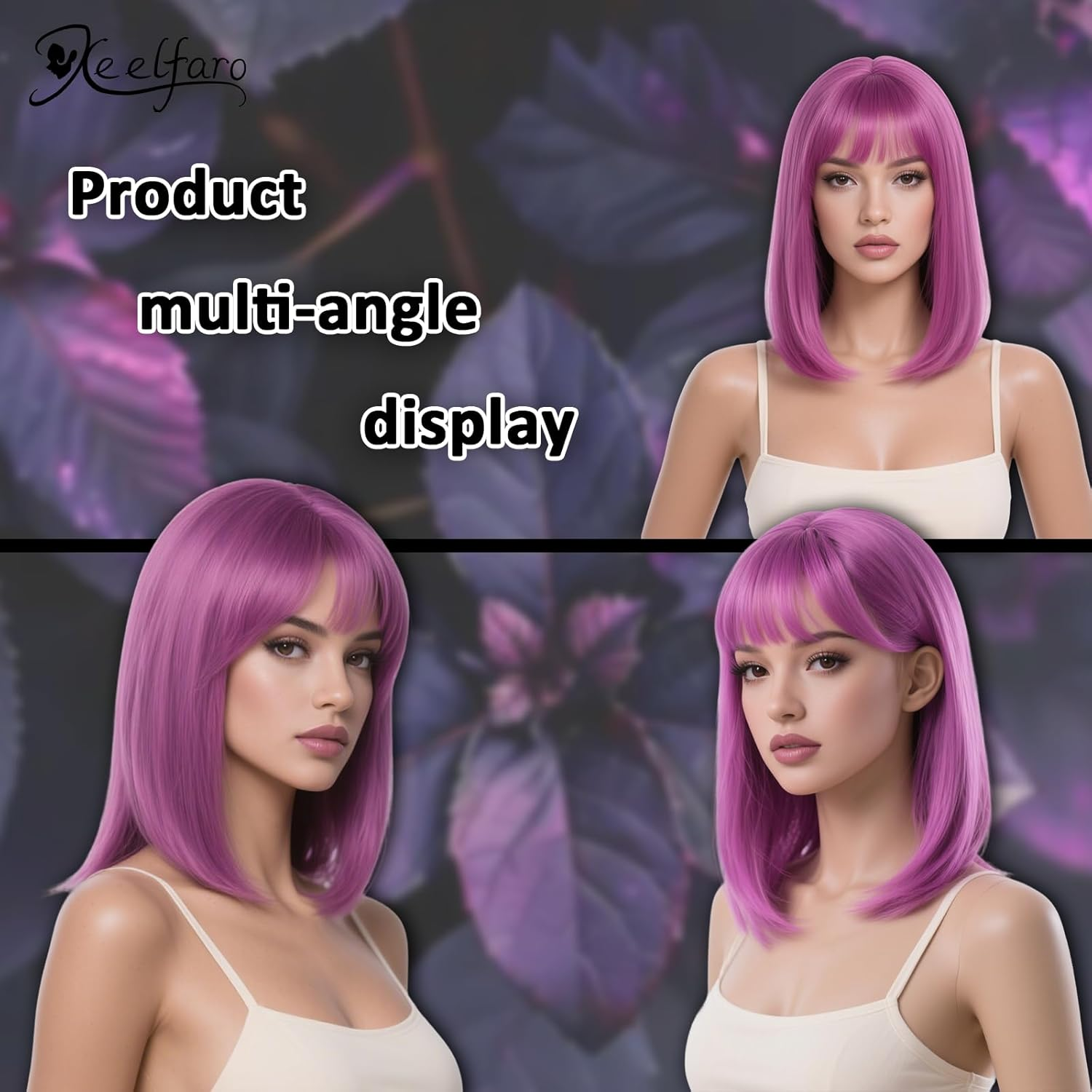 Xeelfaro Bright Purple Pink Natural Straight Bob Wig for Women Full Head with Gentle Fringe & Shoulder-Length Style, Silky Smooth Wig for Fashion Exhibitions Casual Meetups (Bright Purple Pink, 16Inch) - Brown image number 2