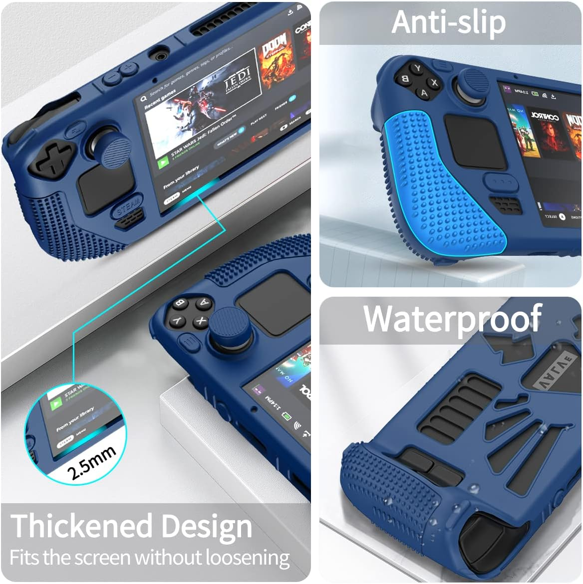 SUIHUOJI Steam Deck/Steam Deck OLED Standing Protective Case, Thickening Silicone Accessories Protector, Soft Cover Skin Shell with 2 Pairs Thumb Grips, Full Protection for Valve Stream Deck (Blue) image number 6
