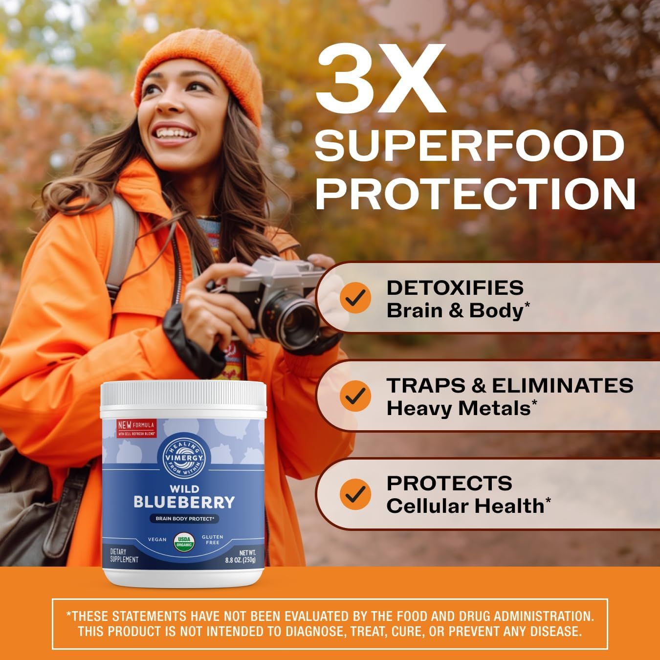 Vimergy USDA Organic Wild Blueberry Supplement Powder, 62 Servings &ndash; Natural Wild Blueberries - Fruit Powder for Smoothies, Juices, Fruit Bowls &ndash; Low-Bush, Non-Gmo, Gluten-Free, Vegan, Paleo (250G) image number 1