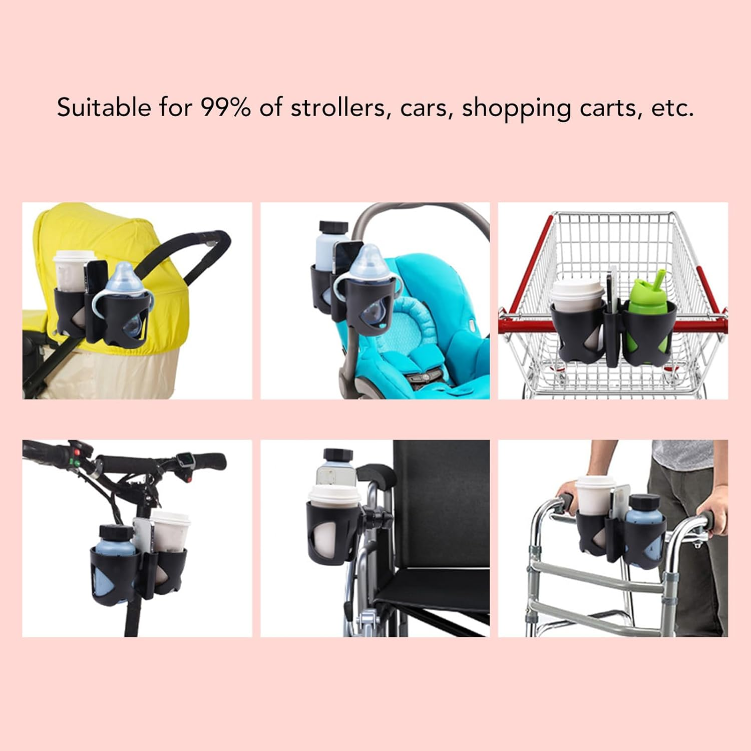 Universal Cup Holder, 3 in 1 Stroller Cup Holder with Phone, 360 Degree Rotatable Wheelchair for Stroller Walker Wheelchair