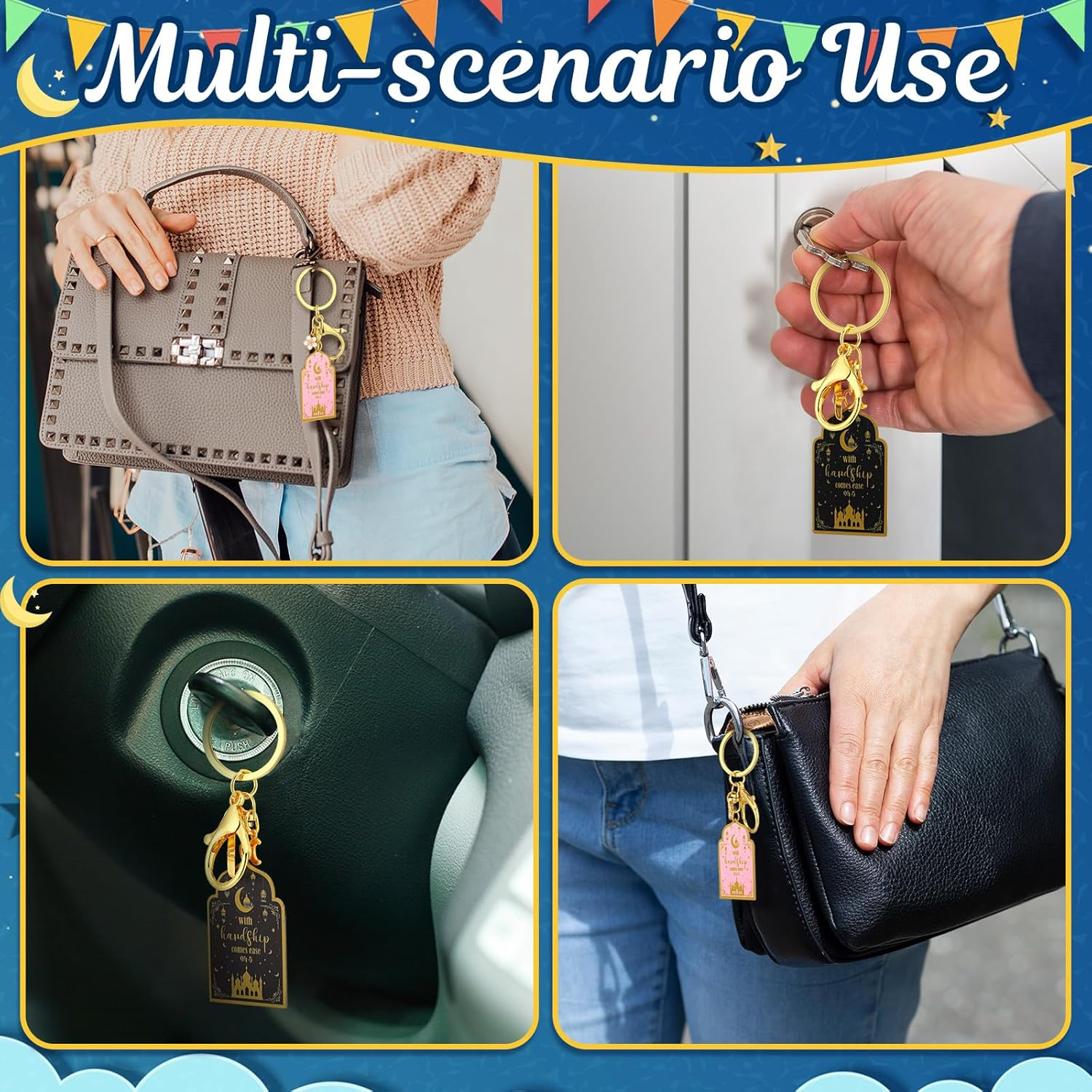 Tondiamo 6 Set Quran Keychains Gifts Bulk Islamic Mental Keychains with Cards Pink Black Muslim Key Holder for Women Men Gold Ramadan Accessories Islamic Hanging Key-Ring Gift for Purse Handbag Pocket