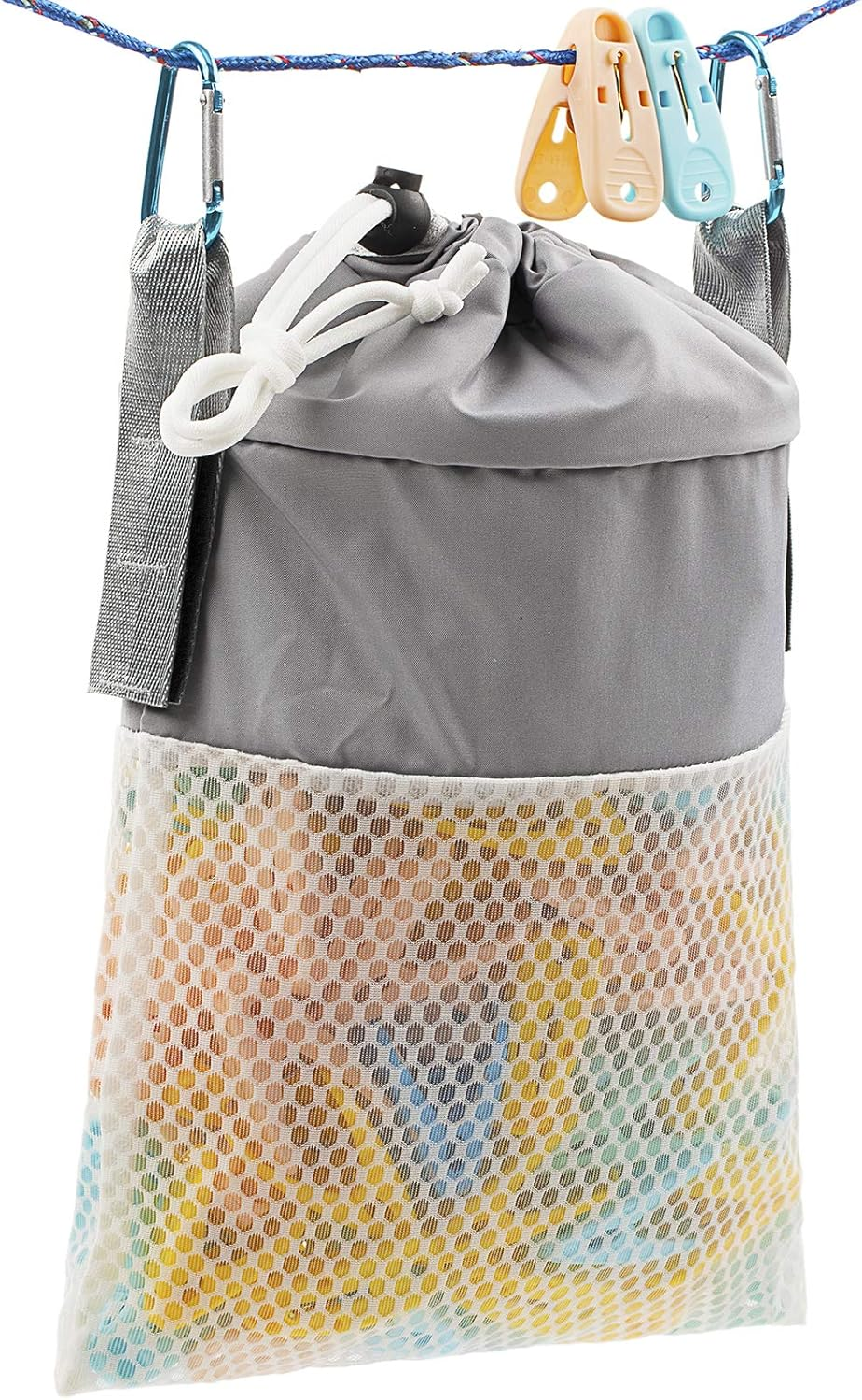Mesh Clothespin Bag Holder Outside, Multiple Hanging Methods Clothes Pin Bag with Drawstring Closure, Ventilation and Moisture Resistance, Large-Capacity Clothespin Storage Organizer with Hooks image number 1