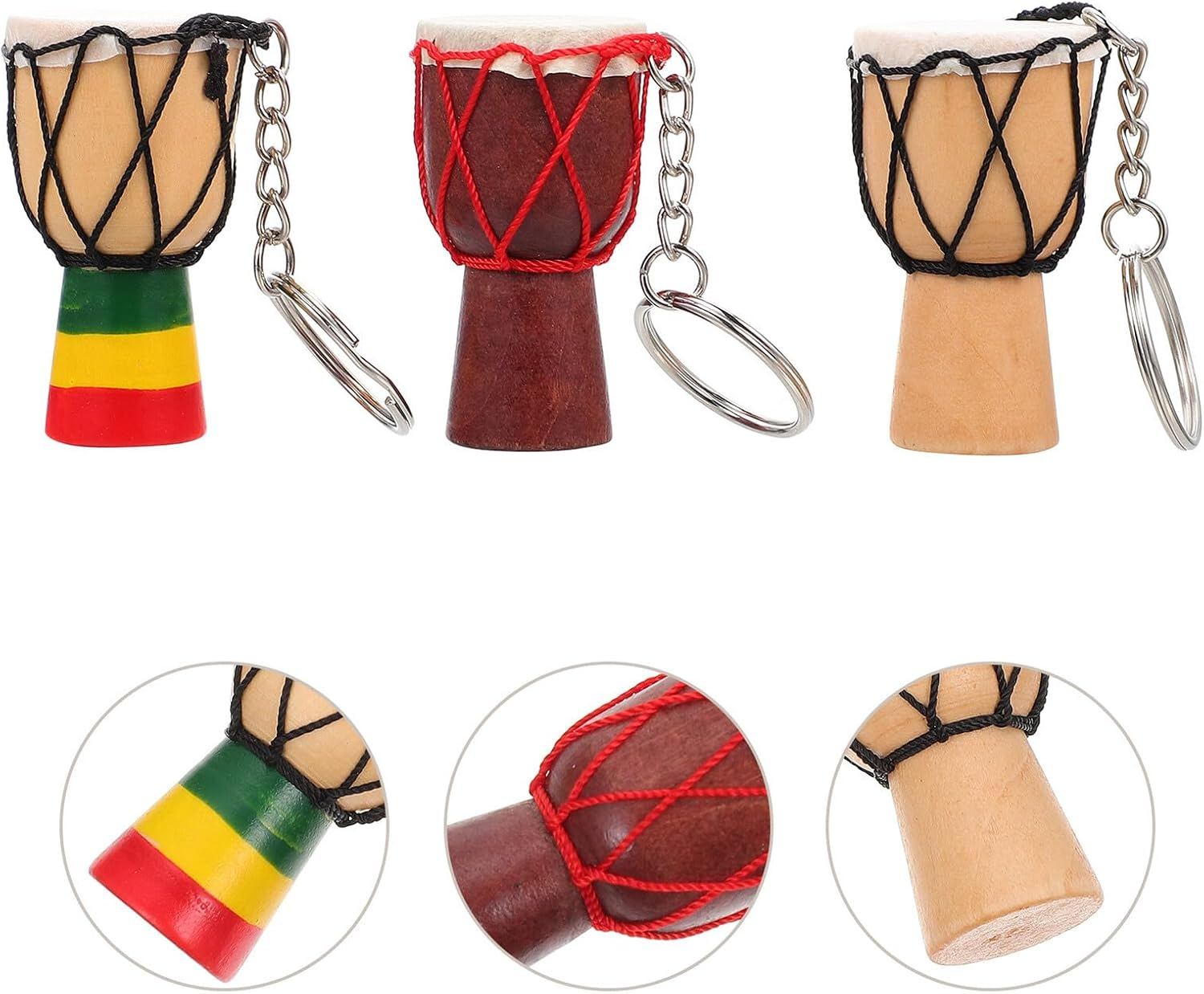WHAMVOX African Drum Pendant Keychain Set, 3Pcs Wooden Mini African Drum Key Rings with Leather Stitching, Decorative Key Hanging Charms for Travel and Souvenirs Random Style image number 2