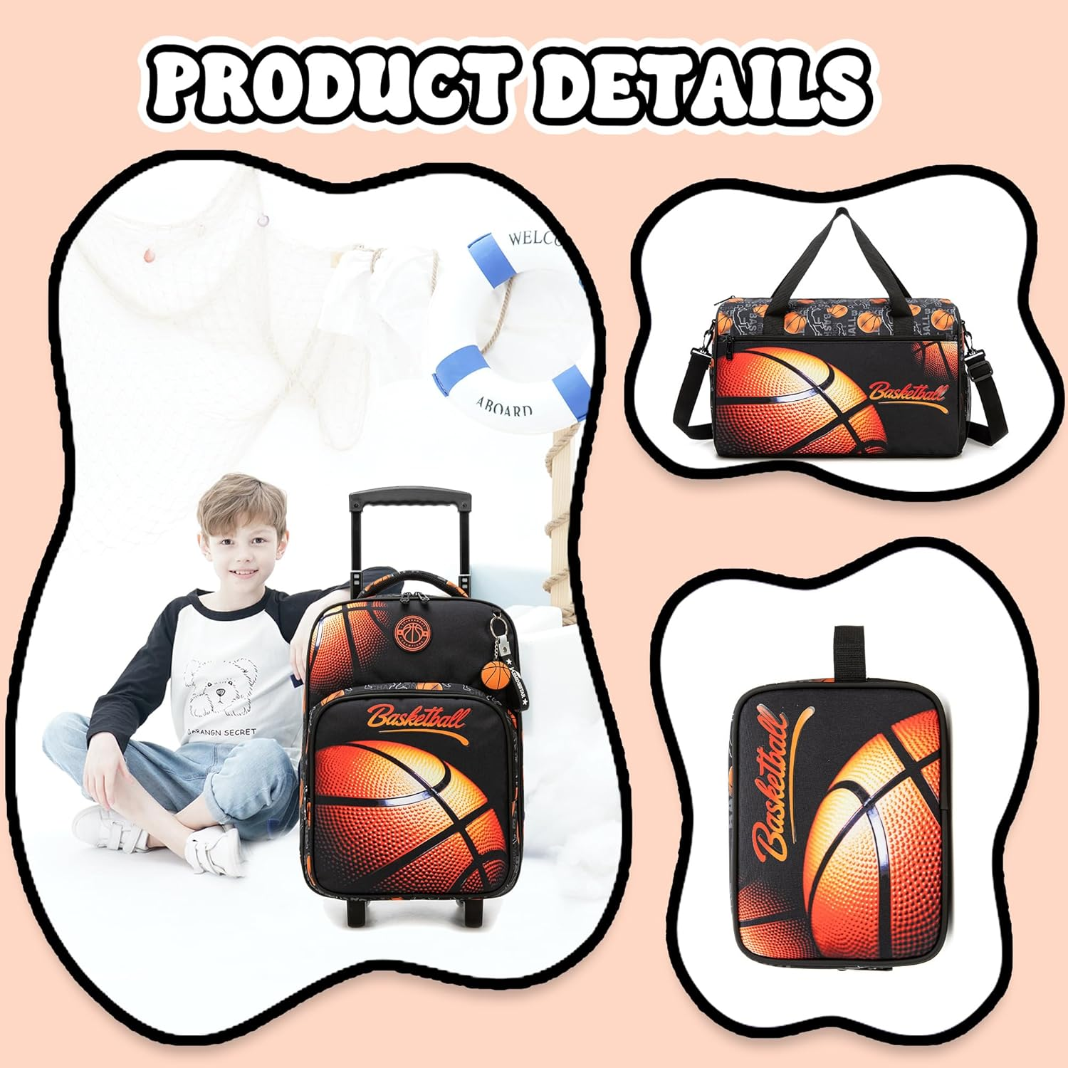 Homskiii Kids Basketball Luggage with Wheels Suitcases Travel Softside Suitcases 16" Carry on Suitcase with Duffle Bag Luggage Sets Airline Approved image number 3