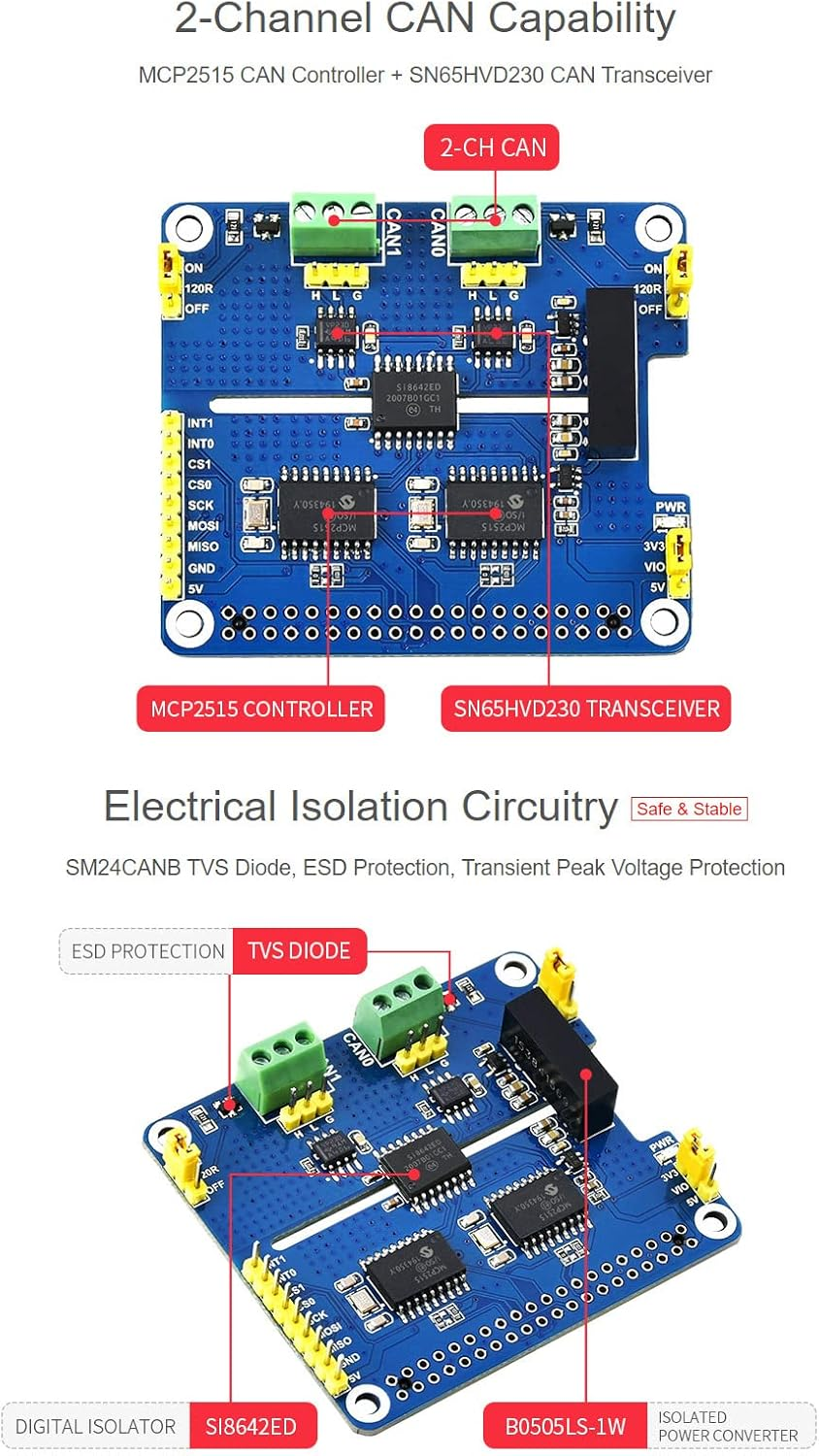 Waveshare 2-Channel CAN Bus Expansion HAT for Raspberry Pi MCP2515 + SN65HVD230 Dual Chips Solution image number 5