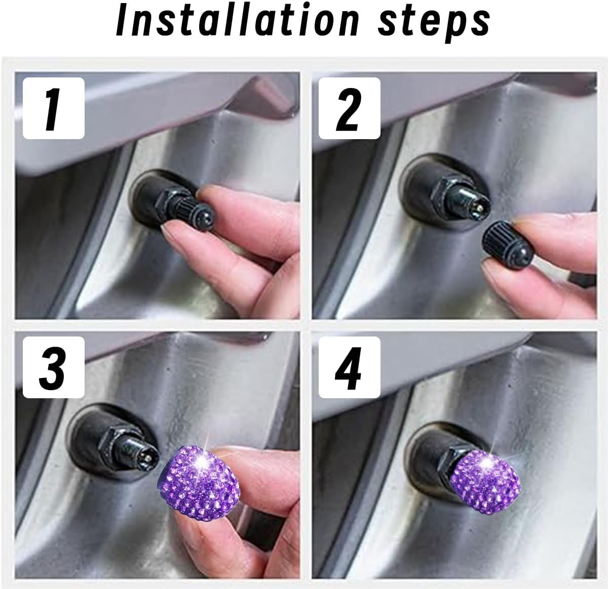 4Pack Car Crystal Rhinestone Tire Valve Caps, Handmade Car Tire Valve Stem Caps, Attractive Dustproof Bling Car Accessories, Universal for Cars, Suvs, Bike, Trucks, Motorcycles (Purple) - Ab Color image number 2