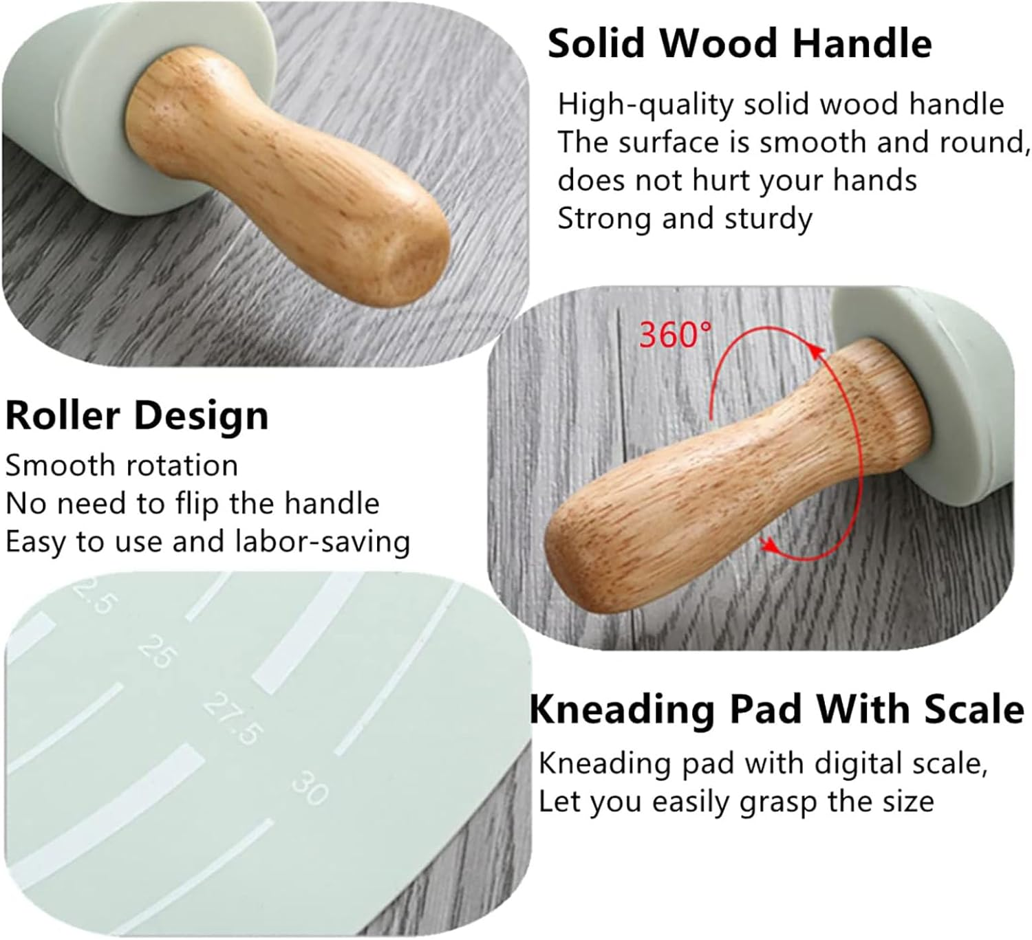 QYINXIU Rolling Pin and Silicone Baking Pastry Mat Set, Rolling Pin and Pastry Baking Mat Set for Kids, Food Grade Silicone Rolling Pin Solid Wood Handle, Kneading Pad image number 4