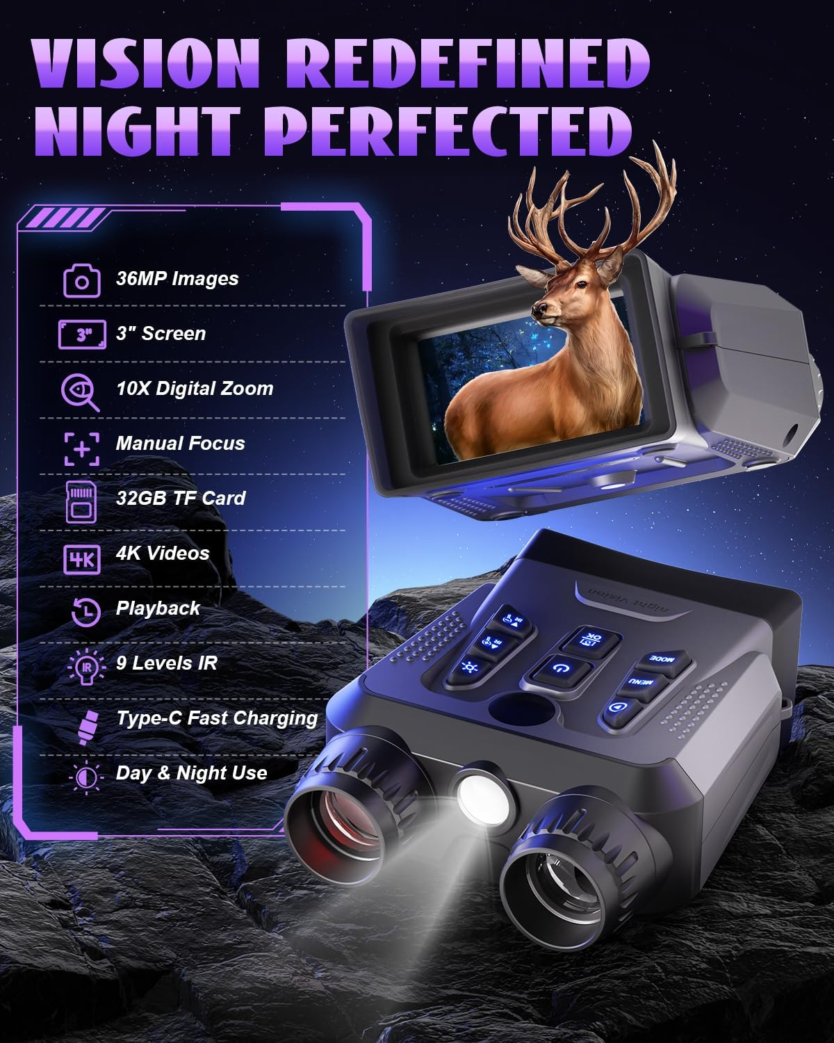 Night Vision Goggles, 4K Night Vision Binoculars for Adults High Powered, 3.0&rdquo; HD Night Vision Camera Infrared Goggles Scope and Day for Camping & Outdoor with 32GB TF Card, 10X Digital Zoom & 9 IR