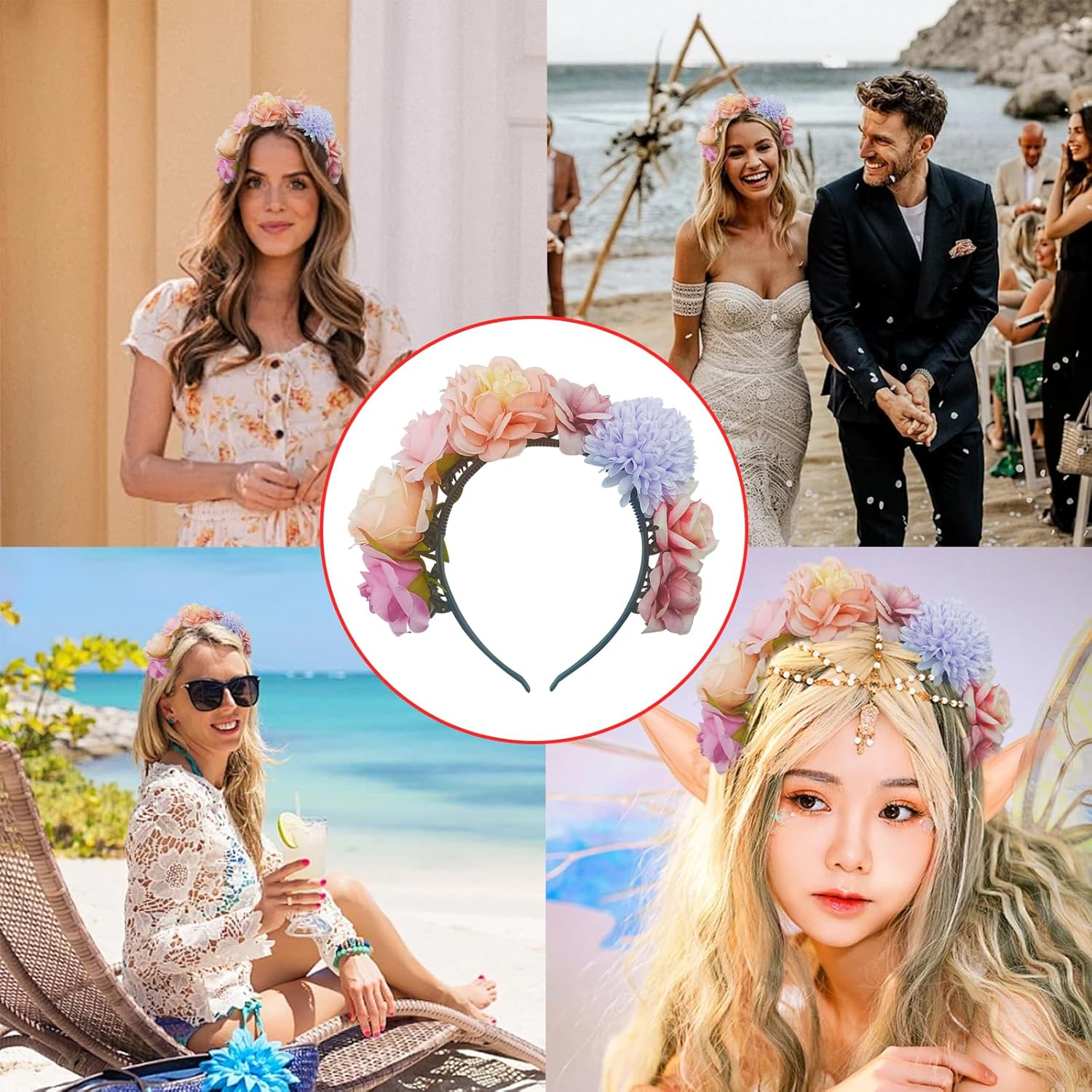 KASESSS 1 Pcs Floral Crown Flower Headband, Multicolour Flower Headband, Floral Headband for Women Girls, Flower Wreath Head Band, Flower Hairband for Festival Party Wedding Beach Birthday Cosplay image number 6