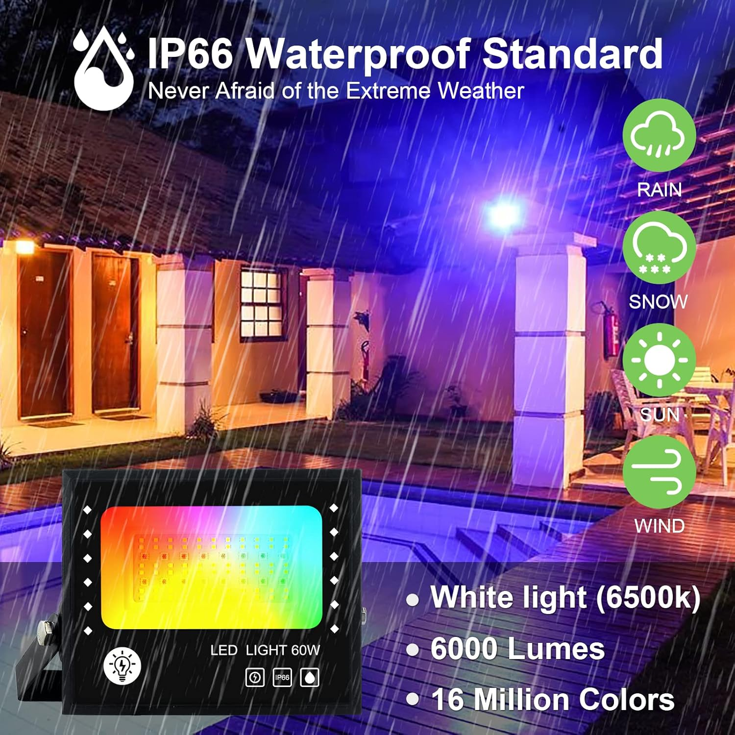 RGBW Flood Lights 2 Packs BOSITE Waterproof IP66 RGB + White LED Floodlight Dimmable Spot Lights with Remote/App Control for Garden, Patio/Yard/Stage Lighting/Christmas/Halloween Parties Decor image number 6