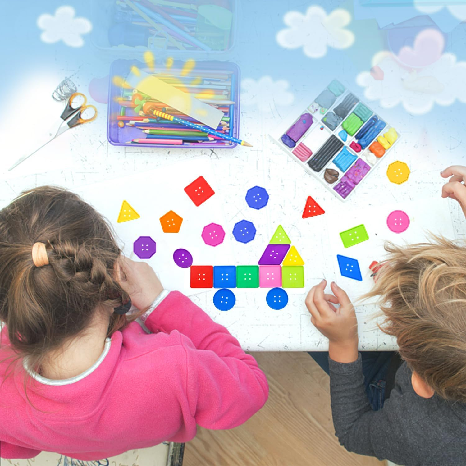 Cinvo 160 Pieces Big Bright Buttons 8 Geometric Shapes Jumbo Sewing Buttons for Crochet Knitting Teaching Shapes, Colors and Motor Skills Arts and Crafts Projects(7 Random Colors) image number 2