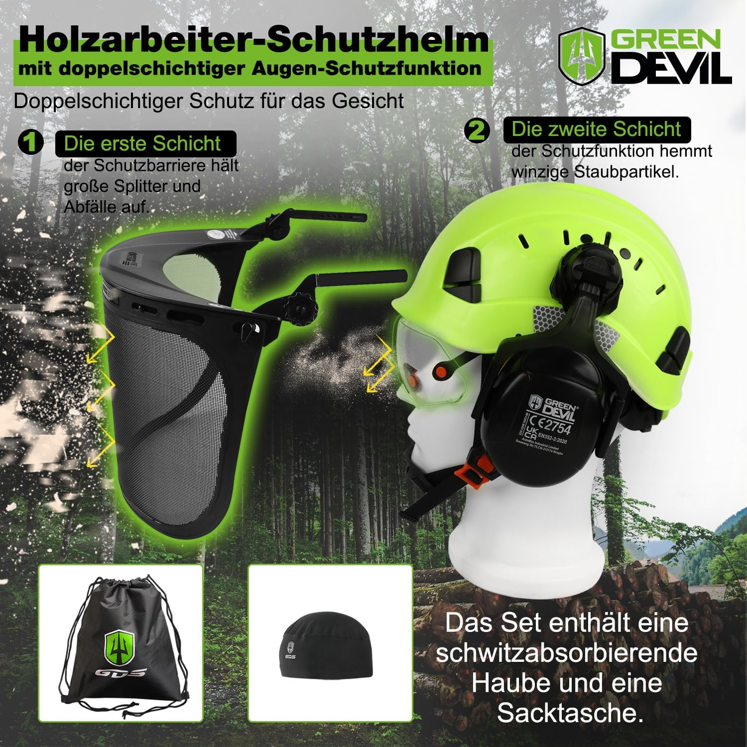 GREEN DEVIL Forestry Chainsaw Safety Helmet EN397 Certified - 5-In-1 System with Mesh Face Protection, Built-In Visor & Earmuffs - Ventilated, for Logging and Gardening - Unisex - Green image number 2