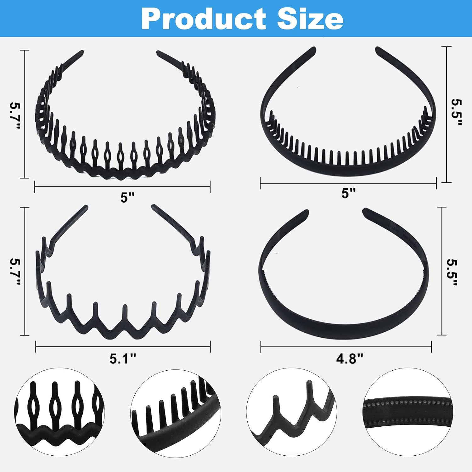 Dazzhues 8Pcs Headband with Sharks Teeth Comb - Matte Black Fashion Hair Accessories for Women and Men image number 5