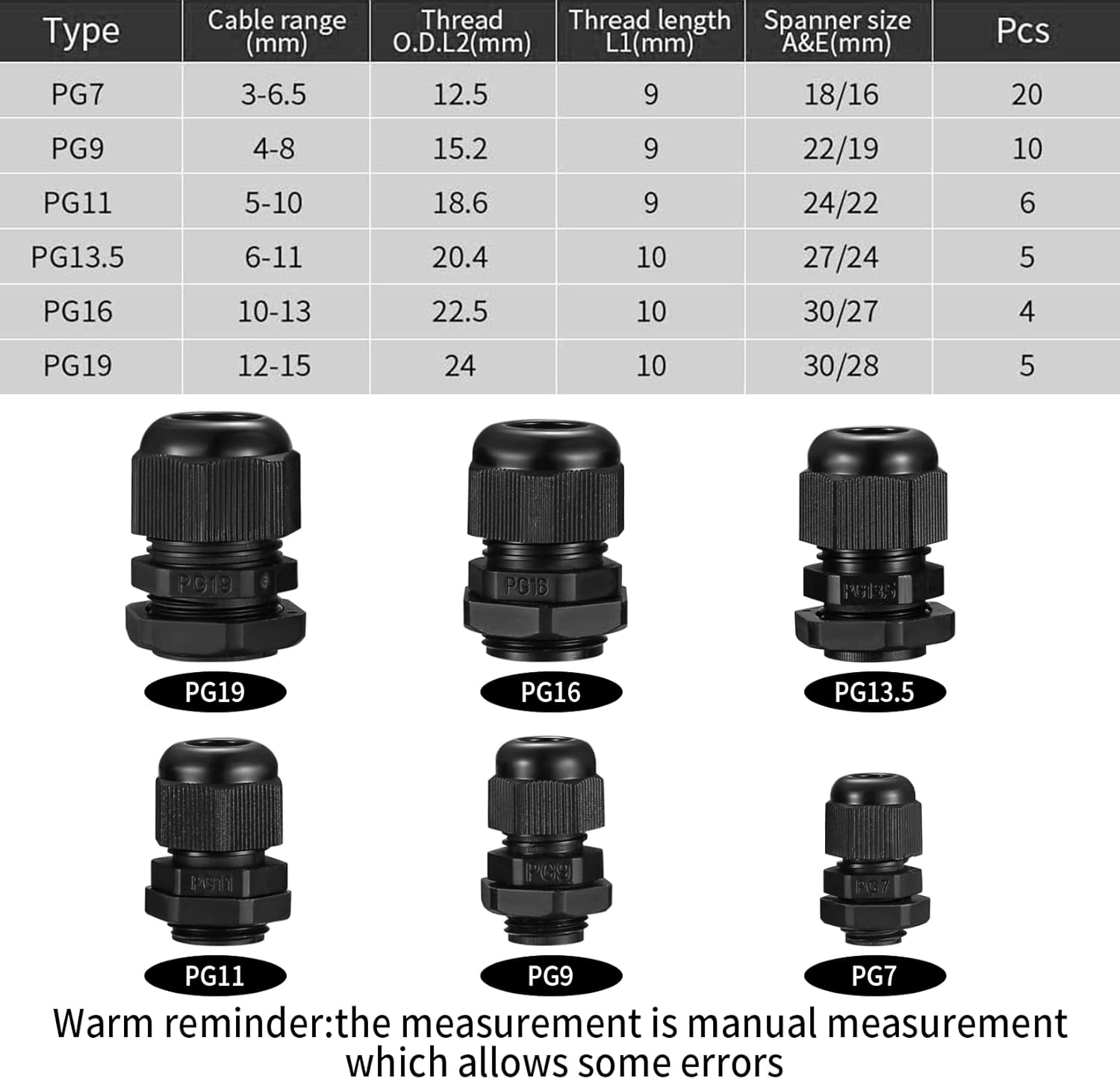 Pack of 50 Cable Glands Set, IP68 Waterproof Adjustable Cable Grommet, Black Adjustable Cable Connectors, Cable Connectors Set - PG7/9/11/13.5/16/19/21 PG25/29/36/42/48/63