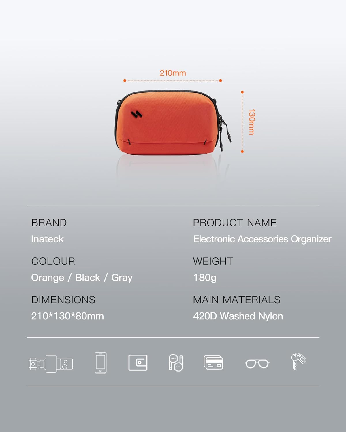 Inateck Portable Electronics Organiser, Splash-Resistant Travel Accessory Bag for Cables, Power Banks, Hubs, Headphones, Orange - Black image number 7