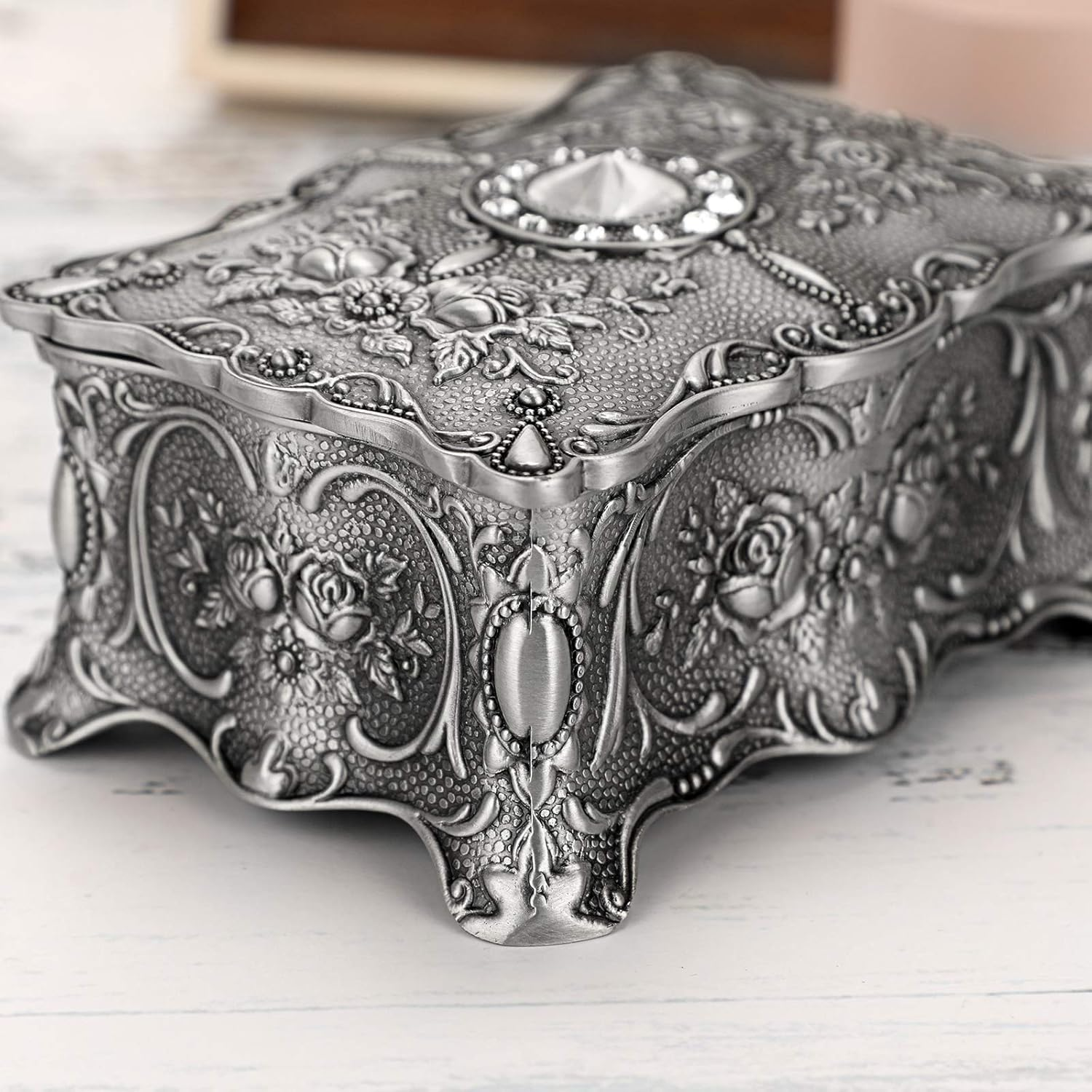 Hipiwe Vintage Jewelry Box, Metallic Grey Floral Rectangular Treasure Chest Box, 3.7" X 2.7" X 2", Keepsake Gift Box Case for Women Girls image number 6