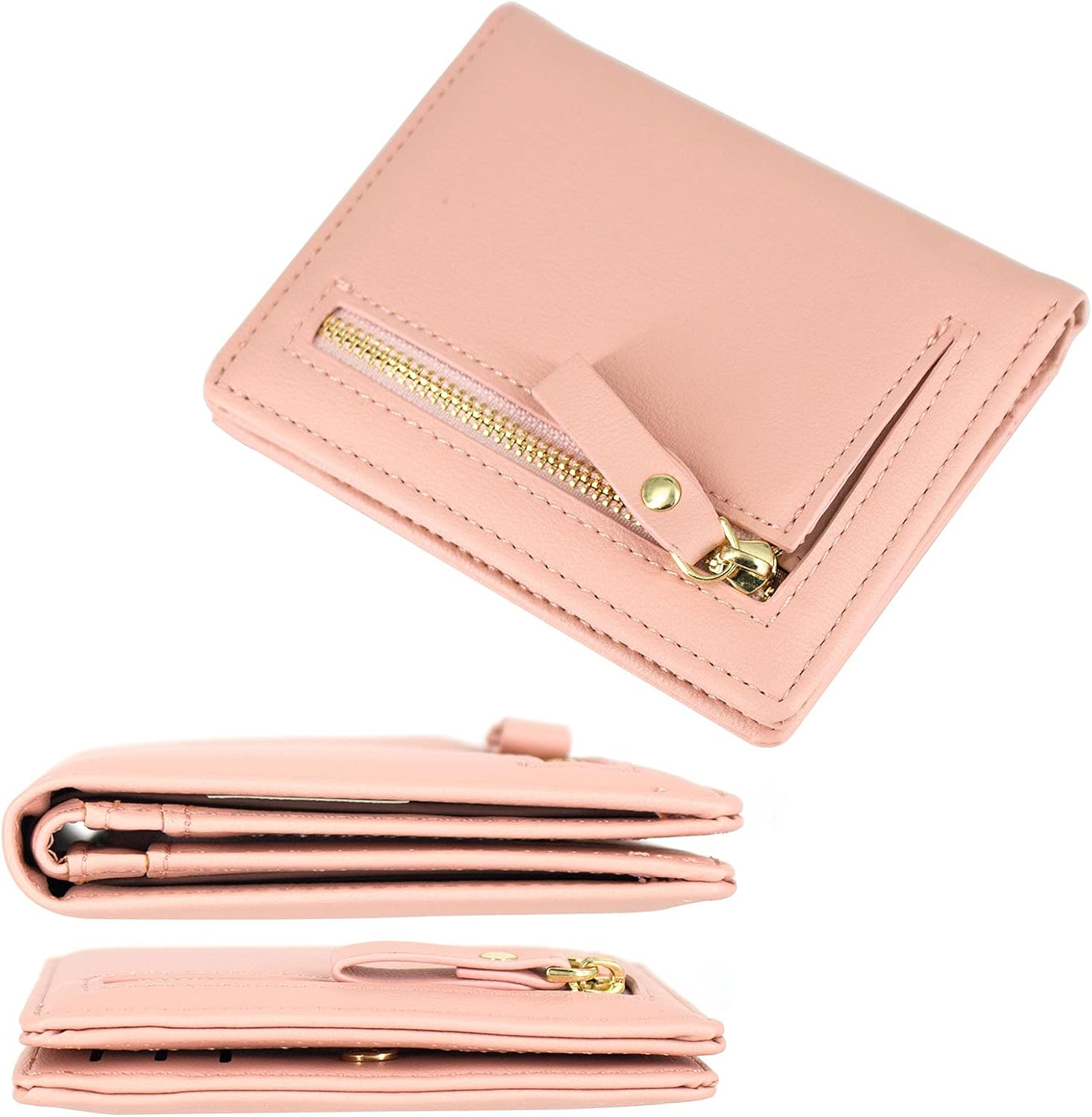 SUMGOGO Small Wallet for Women Slim Leather Card Holder RFID Mini Bifold Short Front Zipper Pocket Coin Purse, Pink, Small, Minimalist