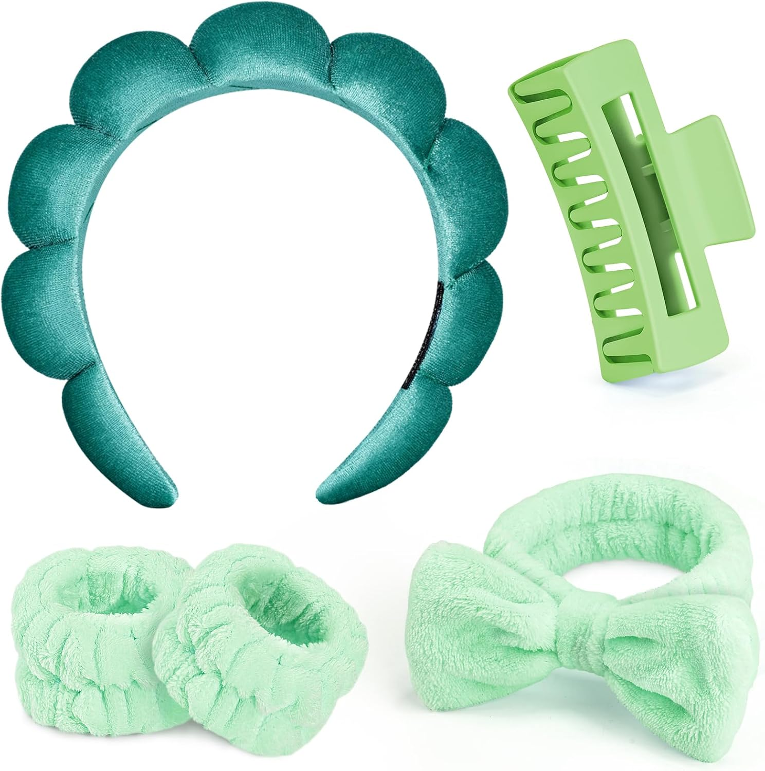 Leezmark 5 Pcs Spa Headband and Wristband Set, Skincare Headbands for Women, Bubble Spa Headband for Washing Face, Terry Cloth Headbands for Girls, Soft Velvet Makeup Headband Hair Accessories, Pink