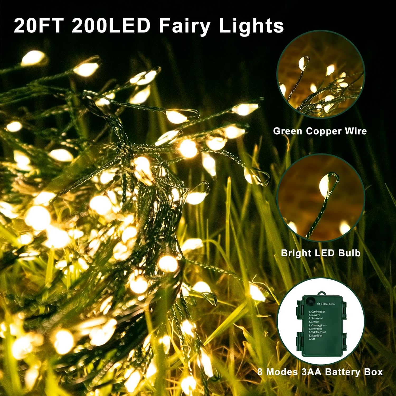 Fairyglim Battery Operated Christmas Lights, 20FT 200 Micro LED Fairy Lights with 8 Modes and Auto Timer, Green Copper Wire for Indoor Outdoor Christmas Tree Wreath Garland Garden Party,Warm White image number 4