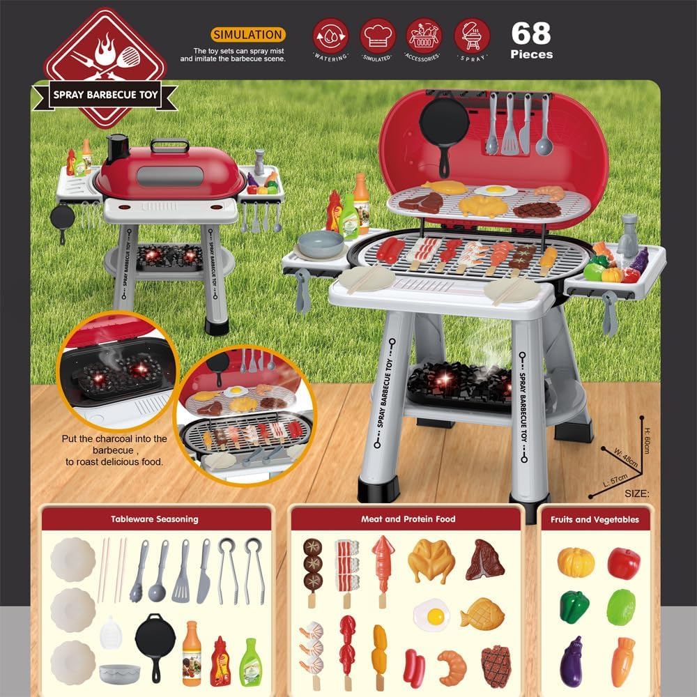 Kids BBQ Grill Toy Playset - Barbecue Toys 68PCS Camp Cooking Set, Pretend Play Grill Toddlers Outdoor Activity - Little Chef Interactive BBQ with Light&Sound Birthday Gift for Boys Girls Age 3+ image number 3