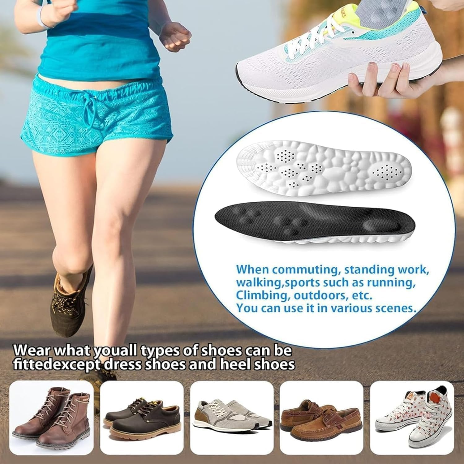 2 Pairs Memory Foam Steppers Insoles with Arch Support for Women Men, Comfort Massage Insoles Replacement Shoe Inserts for Trainers Sneakers Sports Shoes Work Boots and Walking Shoes(45-46) image number 1