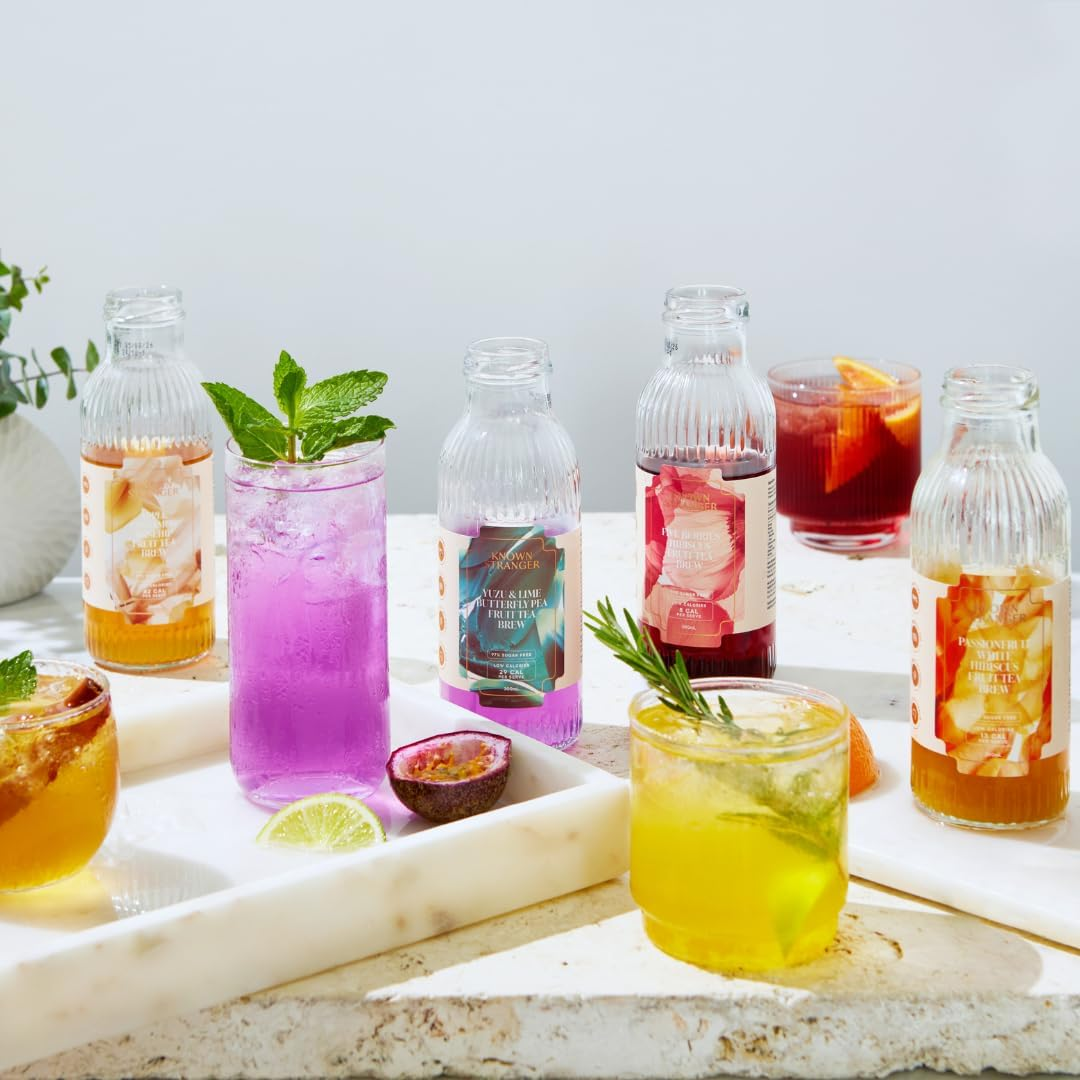 Known Stranger Fruit Tea Brew | Mixed Pack | 12 X 300Ml Glass Bottle (6 Flavours X2 Bottles Ea). Yuzu Butterfly Pea, Five Berries, Apple Cinnamon, Passionfruit Hibiscus, Mango Pineapple, Lemon Juice image number 3