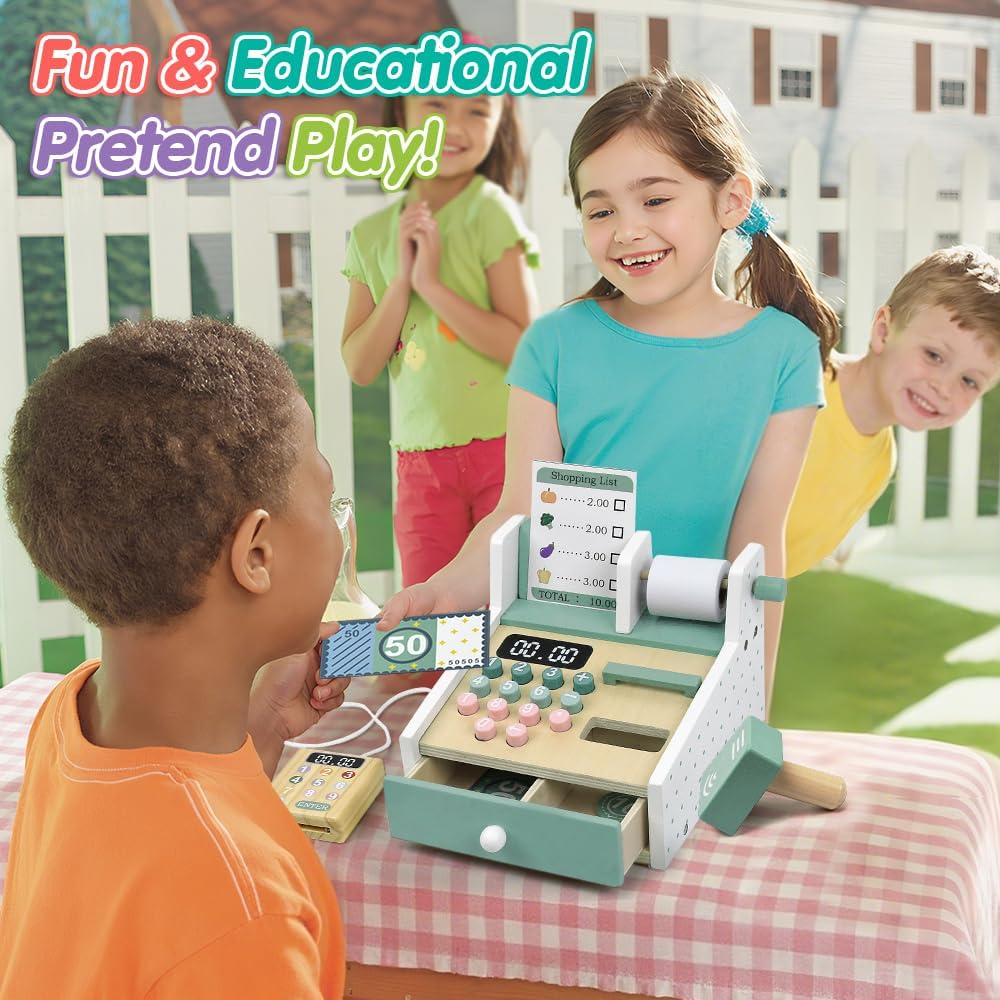 Wooden Cash Register Toy for Kids, Pretend Play Set with Scanner, Card Reader, Play Money & Shopping Lists, Ideal for Birthdays & Festivals, for Boys & Girls Ages 3+ image number 2