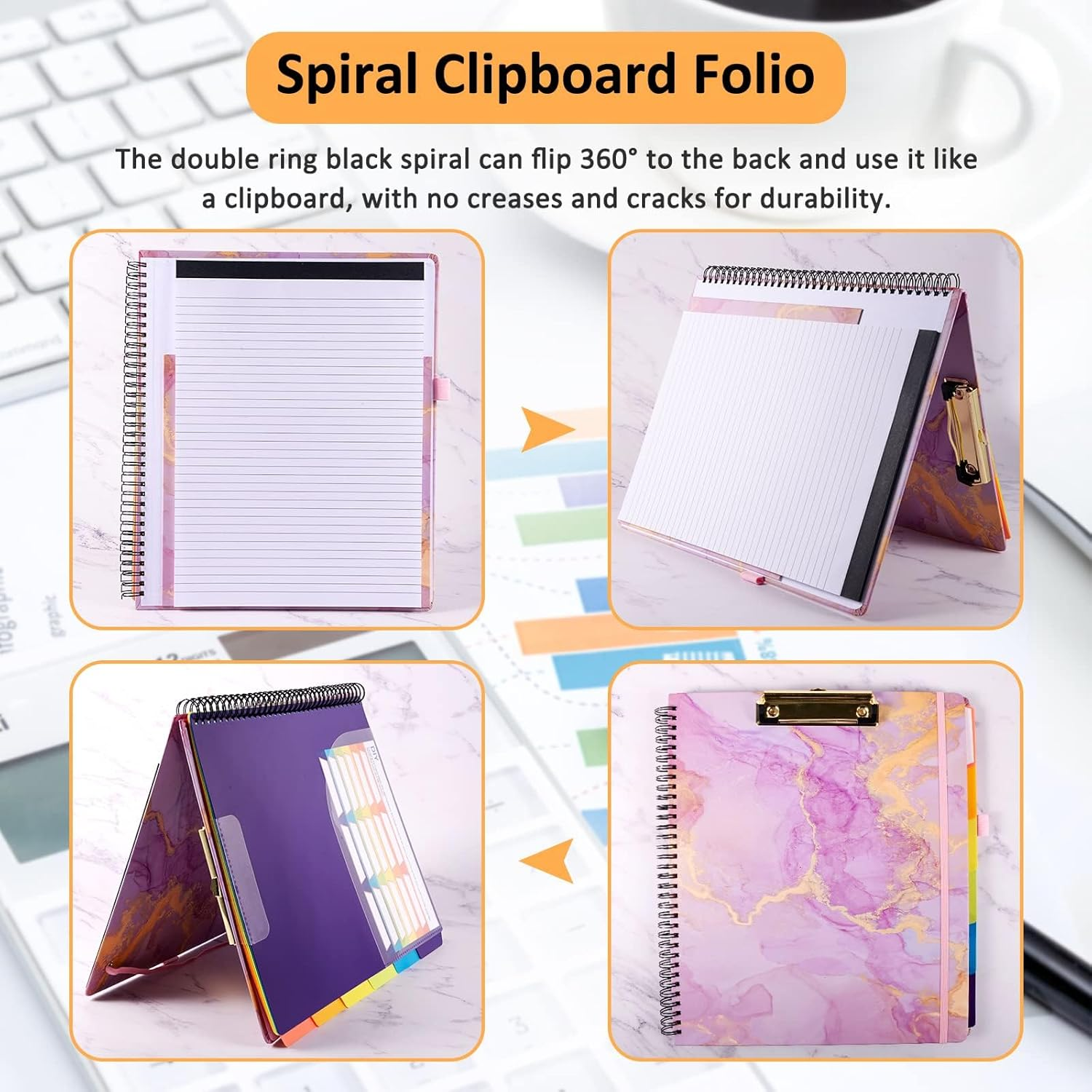 Foldable Storage Clipboard Folio, Spiral Clipboard Folder with 2 Notepad & 6 Dividers, 12 Pockets, Elastic Band, Pen Loop, Clipboard Folder Great for School Office, Letter Size (11" X 8.5"), Marble image number 1