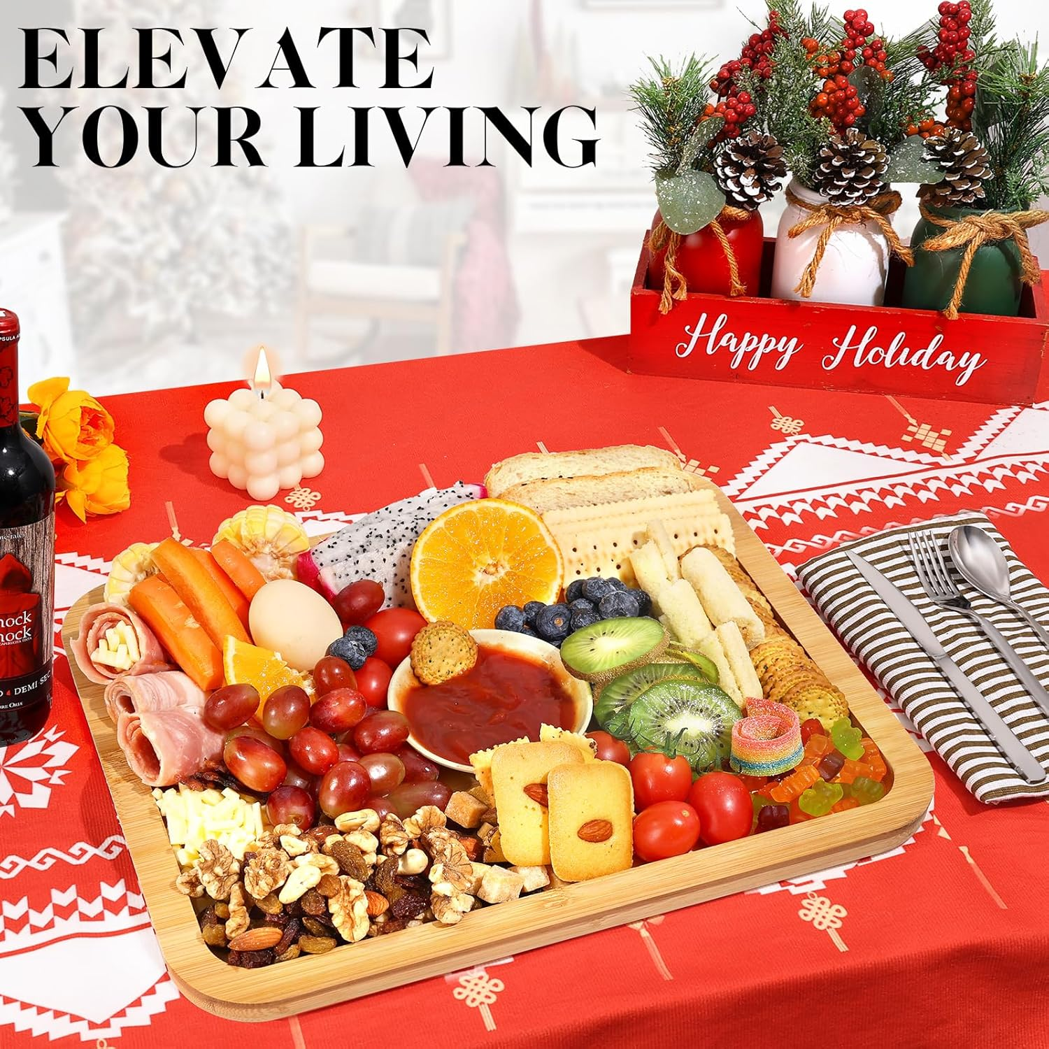 Feshory Premium Charcuterie Board with Clear Locking Lid for Appetizers & Snacks - Cheese Bamboo Board, Serving Tray Ideal for Food Lovers and Parties image number 6