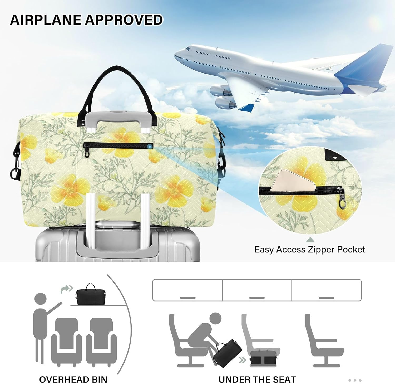 Large Travel Bag Weekender/Overnight Duffel Floral Flowers Yellow Gym Carry on Duffel Bags with Toiletry Bag, Deorative Floral, Set of 2, Art Deco image number 2