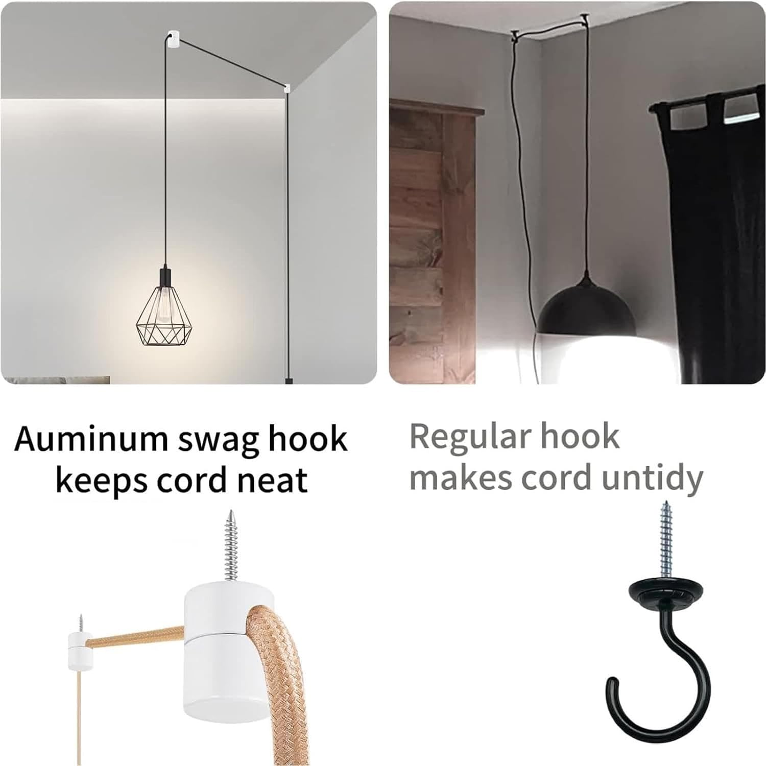 Swag Ceiling Hooks | Pendant Light Hook for Ceiling Lamp | Cord Organizers, Ceiling Light Hook for Chandelier Ceiling Lights Cable, Wall Hook, Chandelier Fixture Hardware - White image number 6