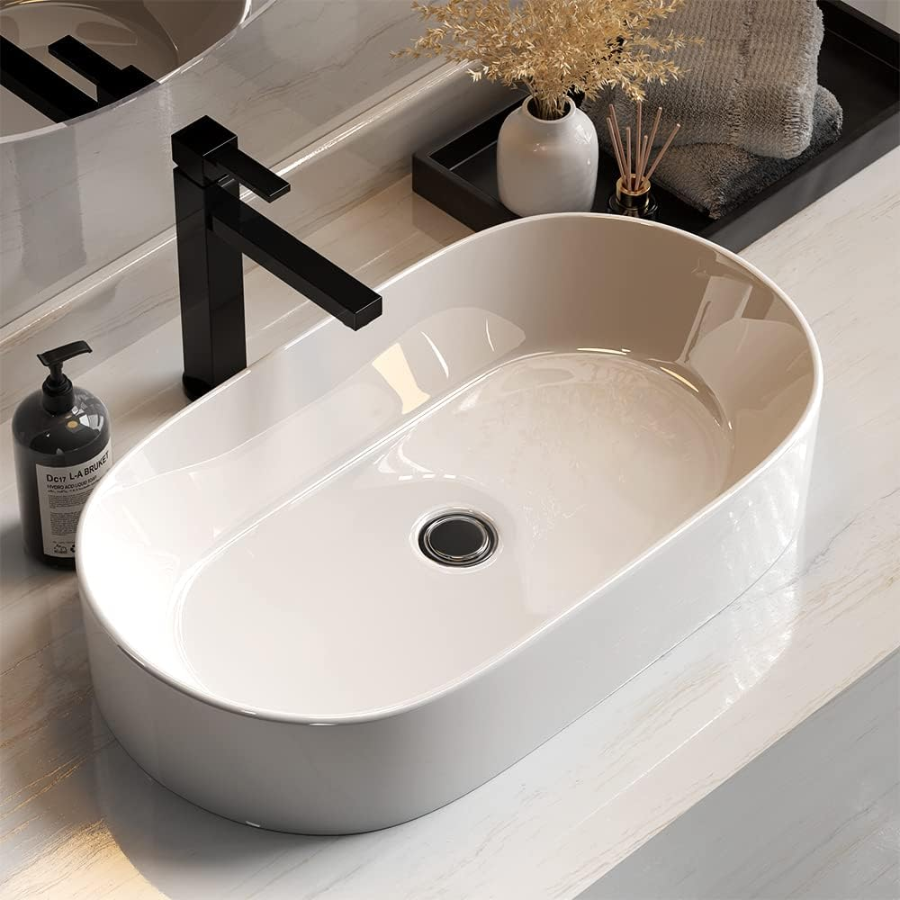 Cefito Bathroom Basin Vanity Sink, Ceramic Hand Wash Basins Vessel Sinks above Counter Top Tools Basin Home Improvement, Oval High Gloss Finish Scratch-Resistant White image number 2