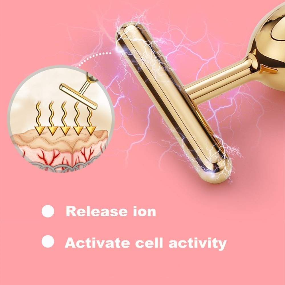 2-IN-1 Beauty Bar 24K Golden Pulse Facial Face Massager,Electric 3D Roller and T Shape Arm Eye Nose Head Massager Instant Face Lift,Anti-Wrinkles,Skin Tightening,Face Firming Roller