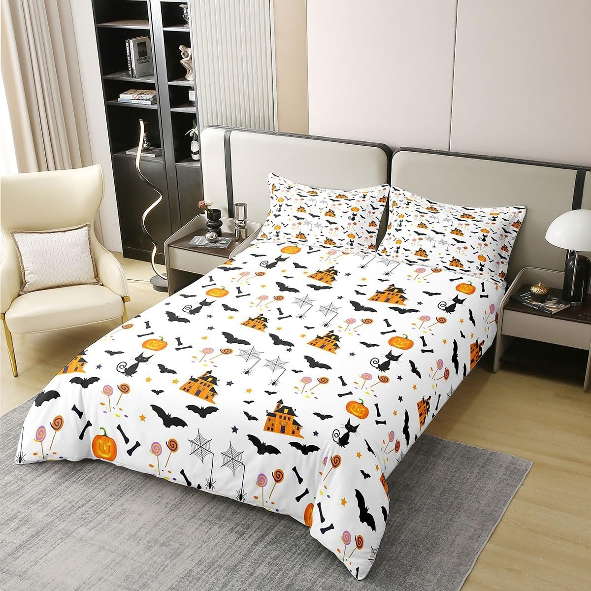 Halloween Pumpkin 100% Cotton Duvet Cover 155 X 220 Cm, Teens Black Cat Skeleton Bone Bed Linen, Bat Spider Web Castle Star Comforter Cover, Christmas Candy Cane Quilt Cover, White Orange image number 3