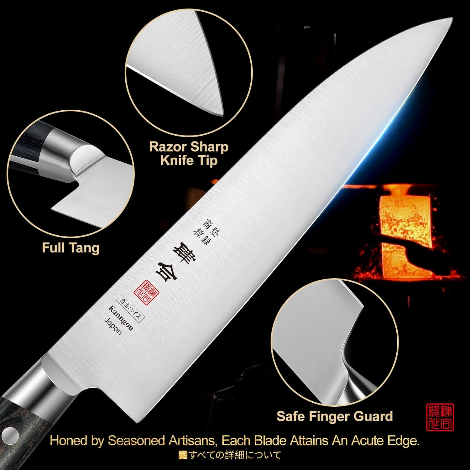 Kanngou 21CM Japanese Knife Gyuto Chef'S Knife, Japan AUS-8 Alloy Steel Kitchen Knife with Full-Tang Black Pakkawood Handle, 8.27 Inch Chefs Knives with Premium Gift Box (Classic Series)