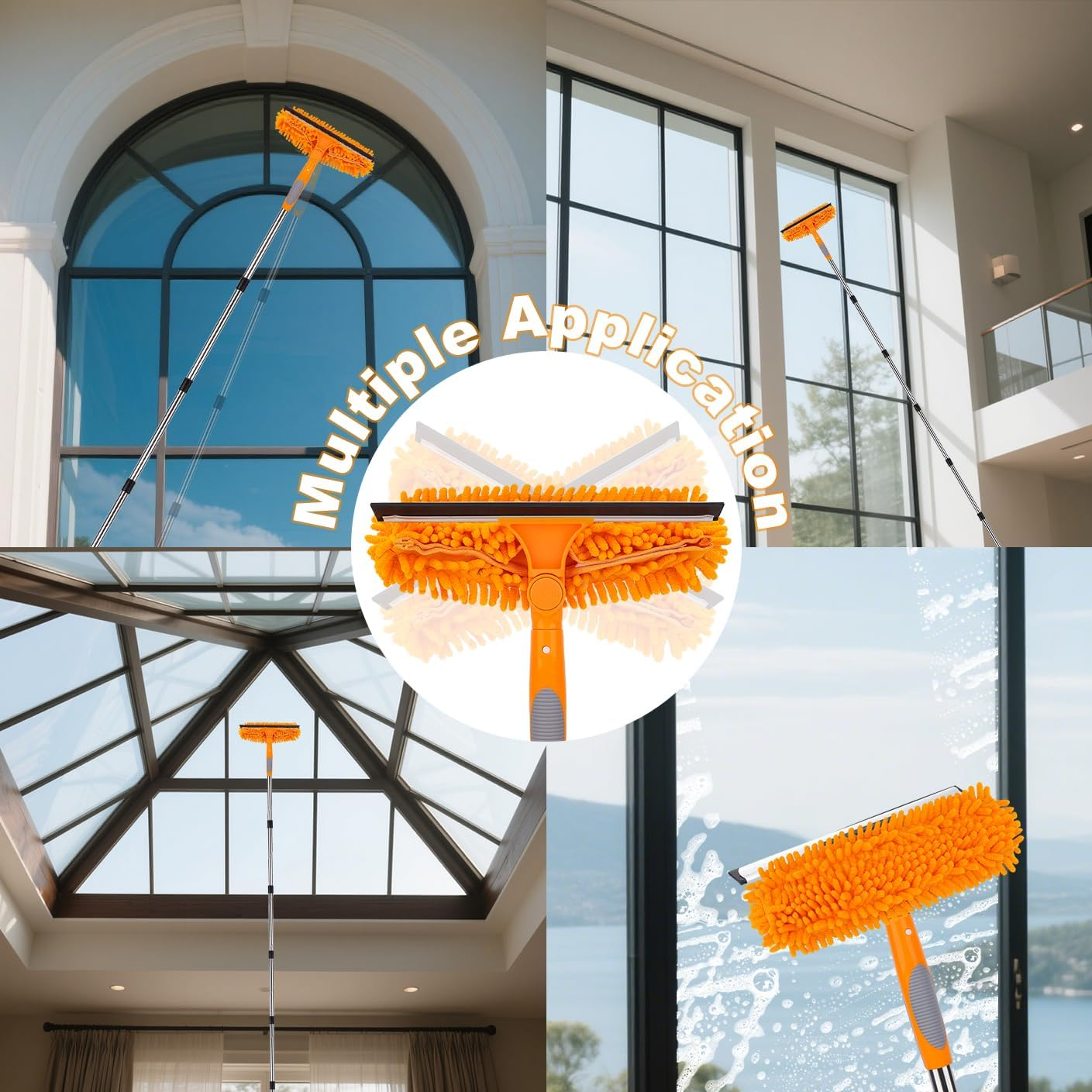 13Ft Extendable Window Cleaner, 2-In-1 Window Cleaning Equipment, Telescopic Long Window Cleaning Tool for High Windows Car Glass, with 2 Orange Microfiber Cloth & Squeegee Blade image number 2