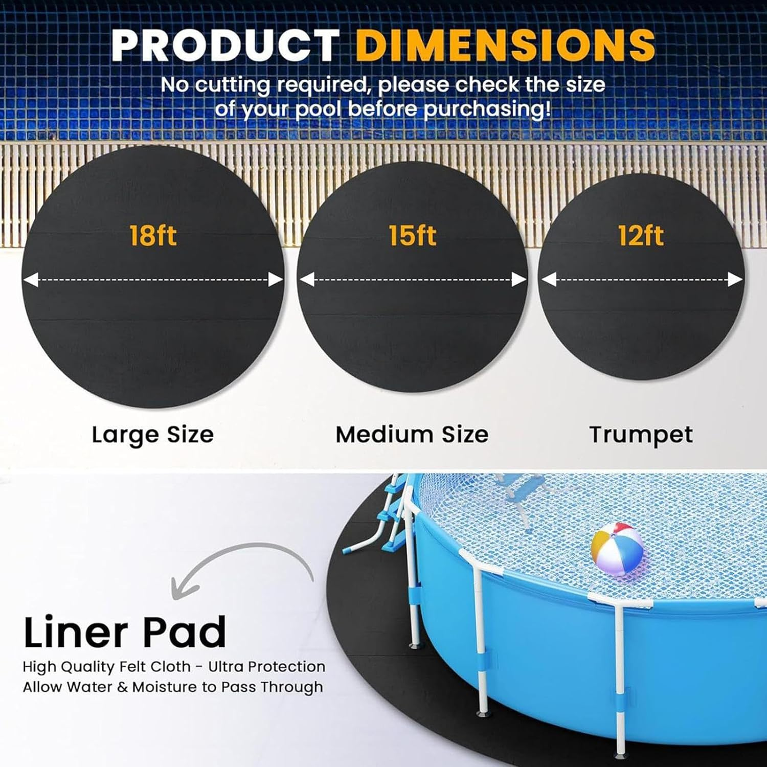 Pool Mats Protective Floor, 2.5/3/3.7/4.6 M Pool Underlay Outdoor, Pool Underlay Round, Pool Floor Protection Mat, Foldable Pool Mats, Floor Protection Mat for Ground Pools, Black