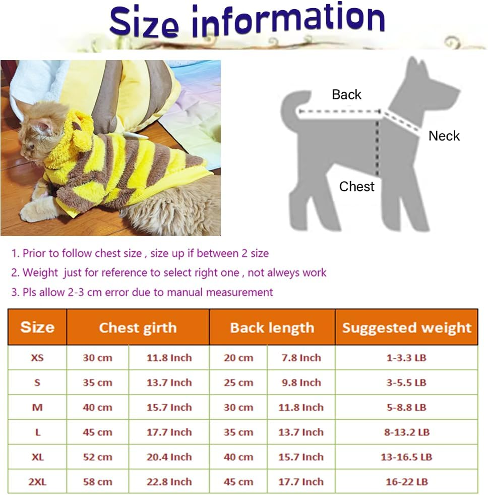 ANIAC Fleece Dog Hoodies with D-Ring Autumn Winter Puppy Clothes for Small Dogs Bumblebee Cat Apparel Cold Weather Coat Funny Dog Bee Costume for Christmas Halloween (Yellow, X-Small) image number 5